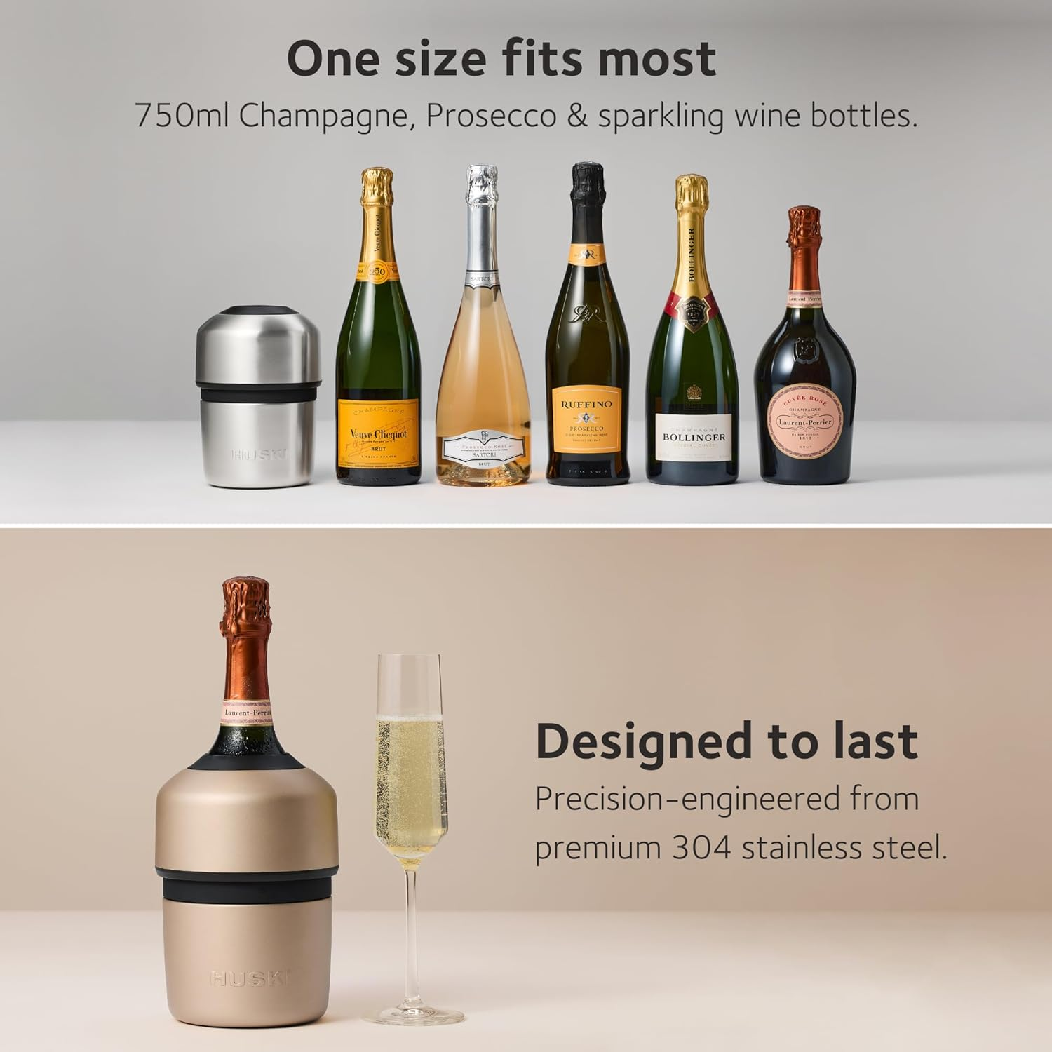 Huski Champagne Cooler | New | Award-Winning Iceless Design with Detachable Bottle Stopper | Keeps Wine Cold up to 6 Hours | Fits Most 750Ml Champagne, Prosecco & Sparkling Wine Bottles (Champagne) - Brushed Stainless image number 2