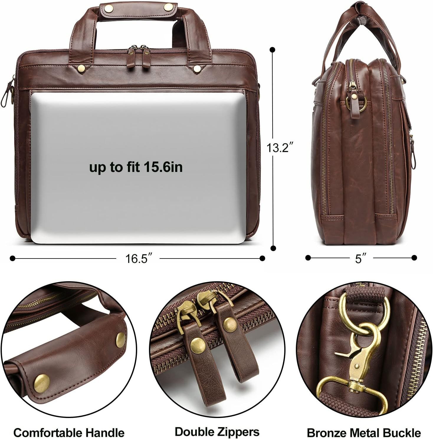15.6 Inch PU Leather Briefcase for Men Laptop Bag Waterproof Retro Business Travel Messenger Bag Perfect for Daily/Christmas, Brown, X-Large, Retro image number 1