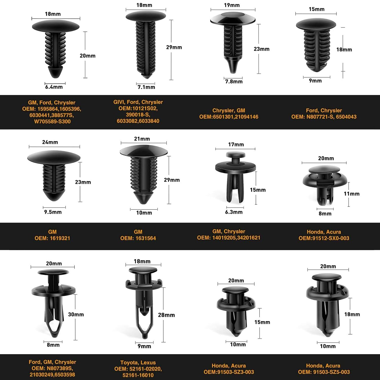 240PCS Bumper Retainer Clips Car Plastic Rivets Fasteners Push Retainer Kit Most Popular Sizes Auto Push Pin Rivets Set -Door Trim Panel Fender Clips for GM Ford Toyota Honda image number 3