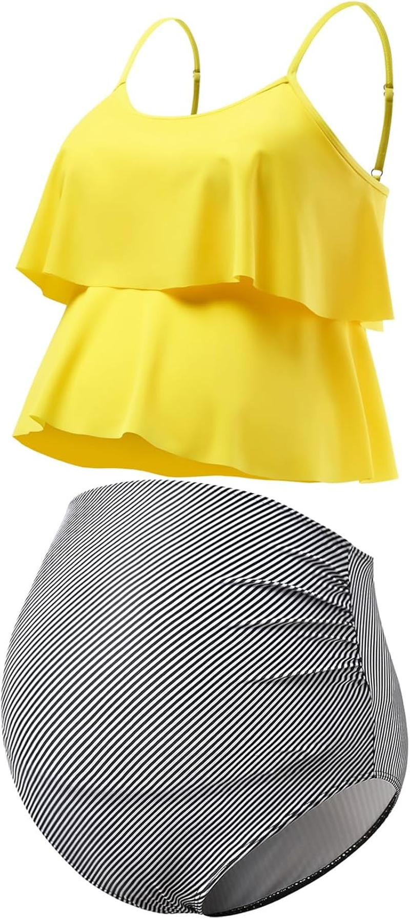 GINKANA Womens Maternity Tankini Swimsuits 2 Piece Maternity Swimwear Bathing Suit Double Ruffle Hem Pregnancy Swimming Suits