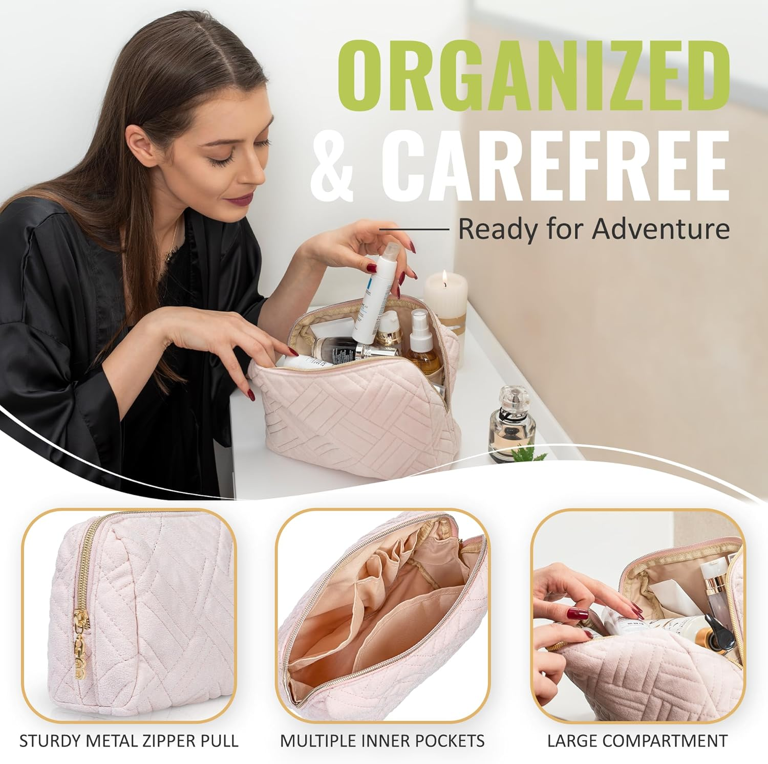 BOACAY Large Makeup Bag, Travel Cosmetic Pouch for Women, Girls & Kids, Zipper Toiletry Organizer for Purse, Kit Case for Accessories, Brushes image number 6