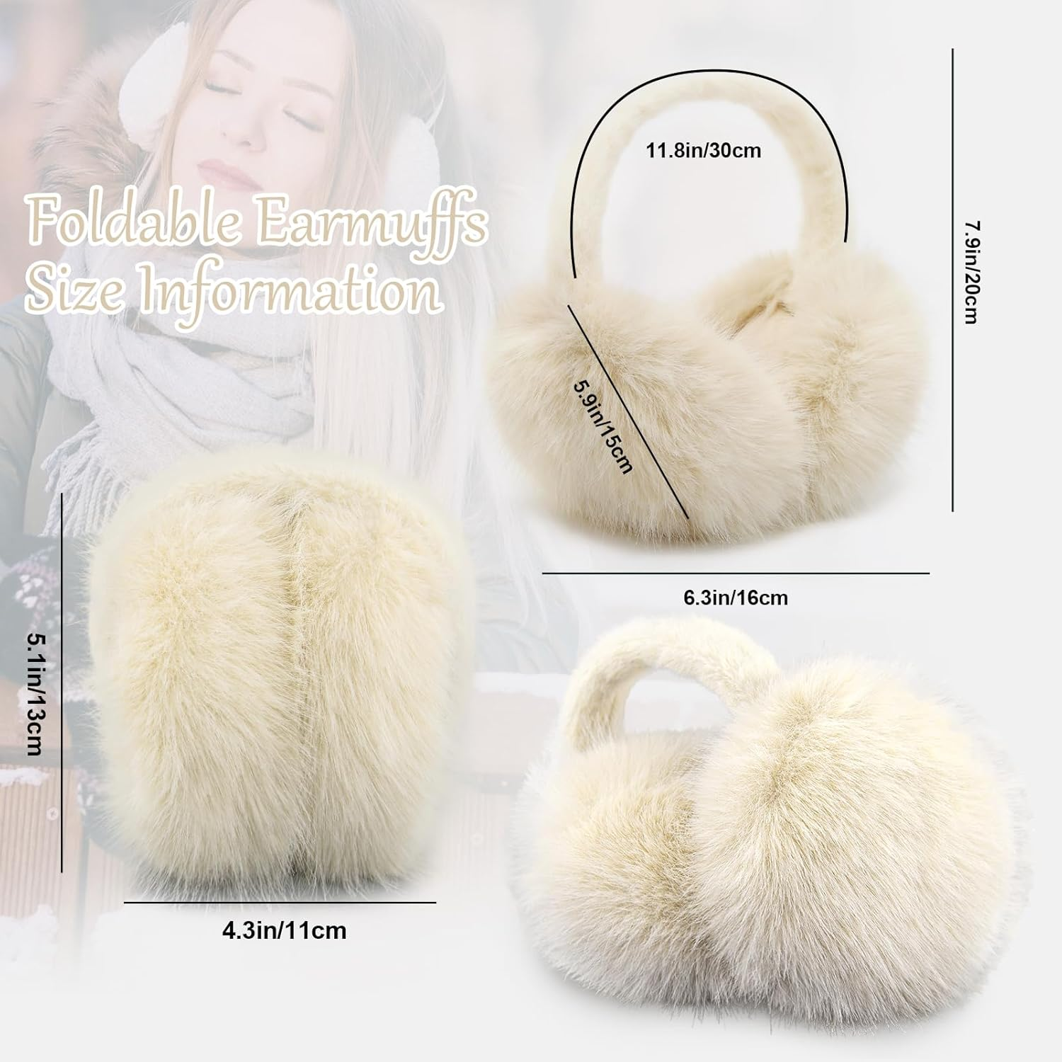 Ear Muffs for Winter Women Girls Faux Fur Fuzzy Earmuffs Foldable Ear Warmer Fleece Lining Ear Covers - Black image number 5