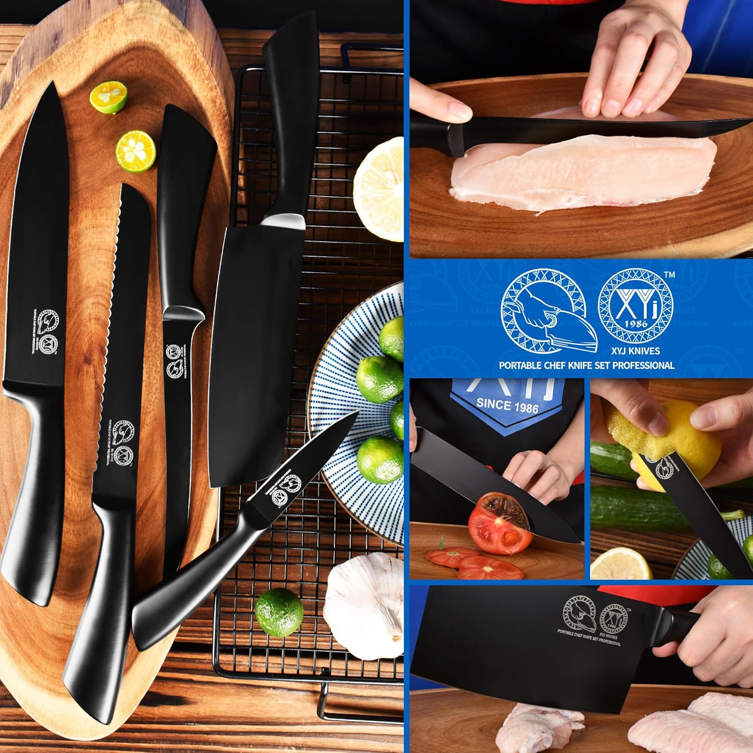 XYJ Knives,Professional Knife Sets for Master Chefs,Meat Cleaver Butcher for Camping,Chef Knife Set with Bag,Birthday Gifts for Women Men Presents (Full Black) image number 3