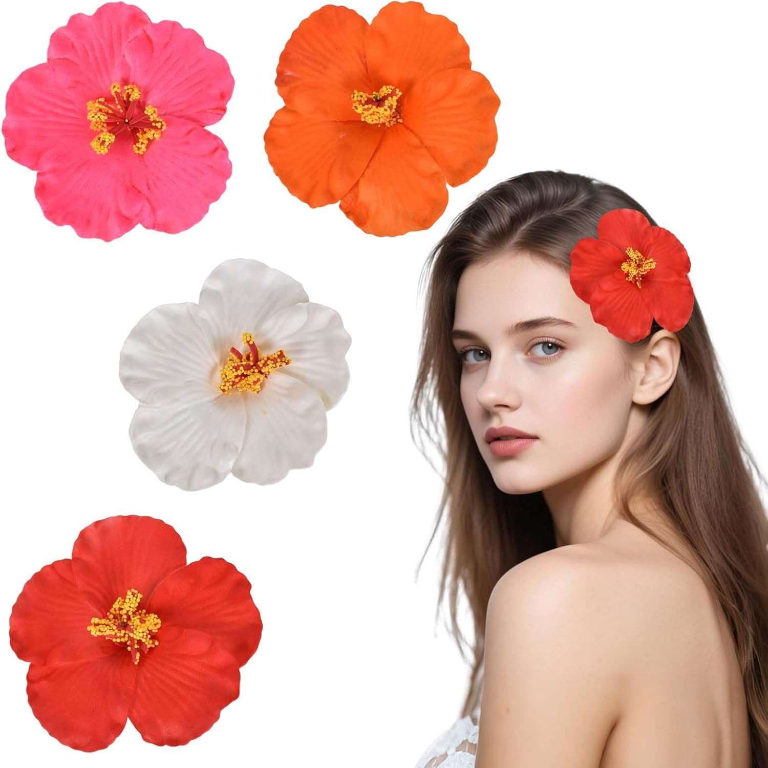 Tropical Flowers Hair Clip, Pack of 4 Hair Clips with Hawaiian Flowers, Hawaiian Plumeria Hair Clip, Hibiscus Flower Clip for Women, for Wedding, Holiday, Beach Party, 4 Colours image number 2