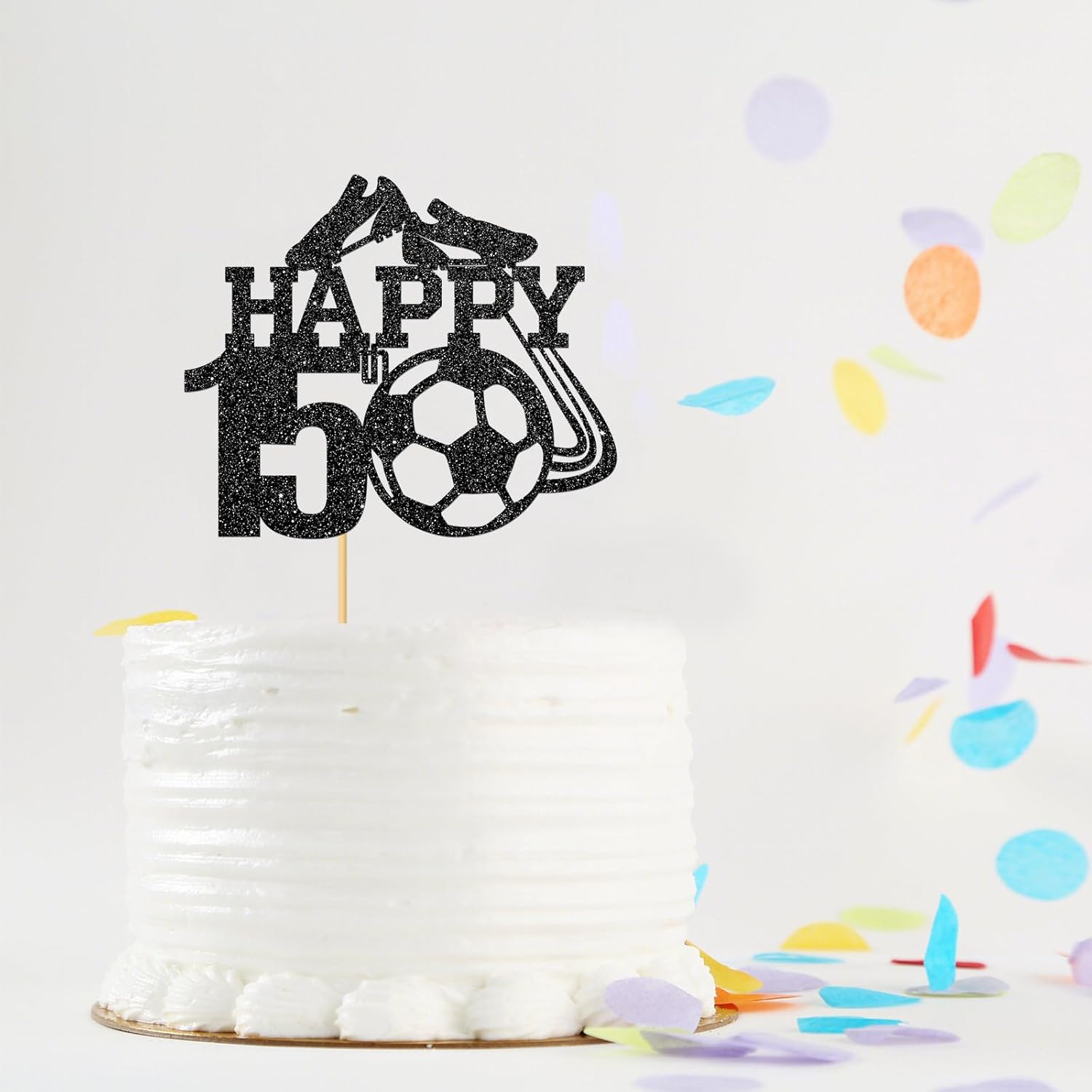 Monmon & Craft Soccer 15Th Birthday Cake Topper/Sport Theme Soccer Ball Cake Docer/Soccer Player Boy 15Th Birthday Party Decorations - Black Glitter image number 2