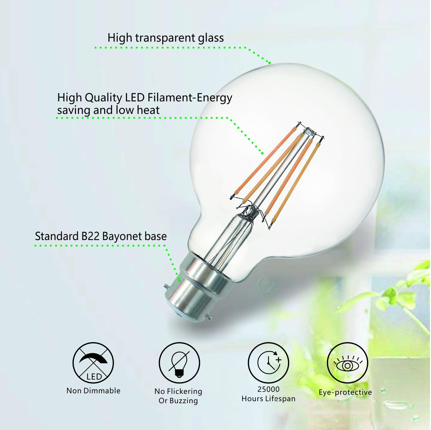 SD LUX B22 LED Bulbs Globe BC Vintage Filament Led Light Bulbs,G95 No Flicker Edison Bayonet LED Bulbs - 8W 850LM Warm White 2700K,Non-Dimmable, 2 Packs