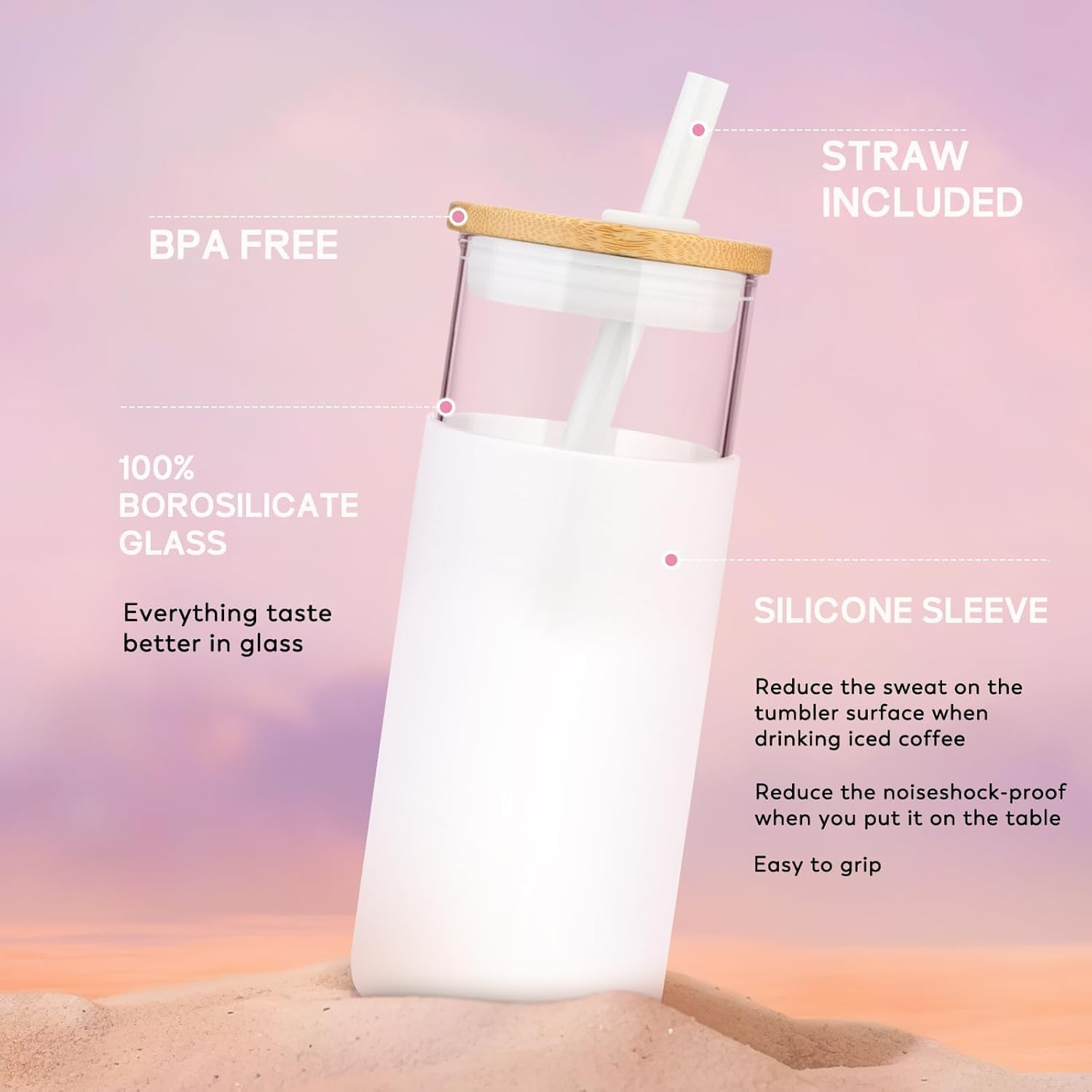 Tronco 20 Oz Glass Tumbler with Lids and Straws, Glass Water Bottle Silicone Protective Sleeve, Iced Coffee Cup with Bamboo Lid, Reusable Smoothie Cup, BPA Free (Blue Horizon 1 Count) image number 5