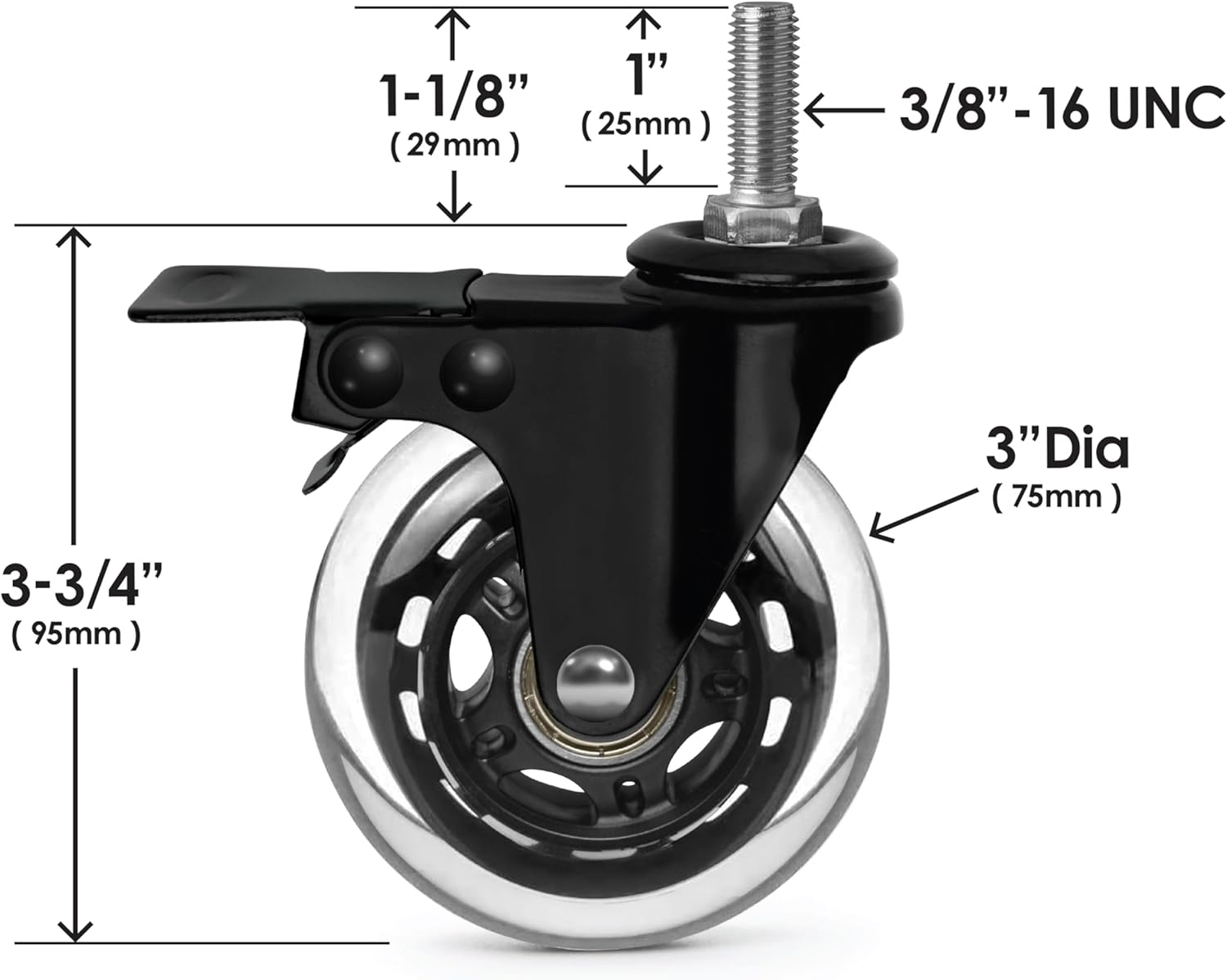 Slipstick CB693 Premium 3 Inch Rubber Caster Wheels with Brake (4 Pack) Replacement Rollerblade Style Swivel Casters with 3/8&rdquo;&ndash; 16X1&rdquo; Threaded Stem, Includes Mounting Hardware, Black/Clear Castor image number 1
