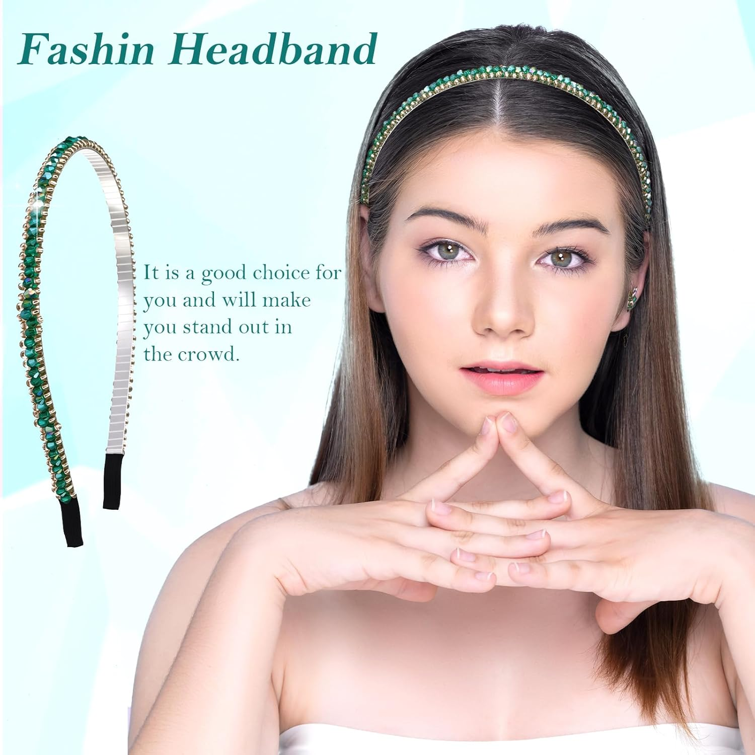 4 Pcs Decorative Sparkly Glitter Crystal Rhinestone Headbands,Glitter Sparkly Fancy Jeweled Headbands for Women, Skinny Elastic Metal Hair Bands with Fabric Ends,Non Slip for Women Girls Christmas Gif image number 3