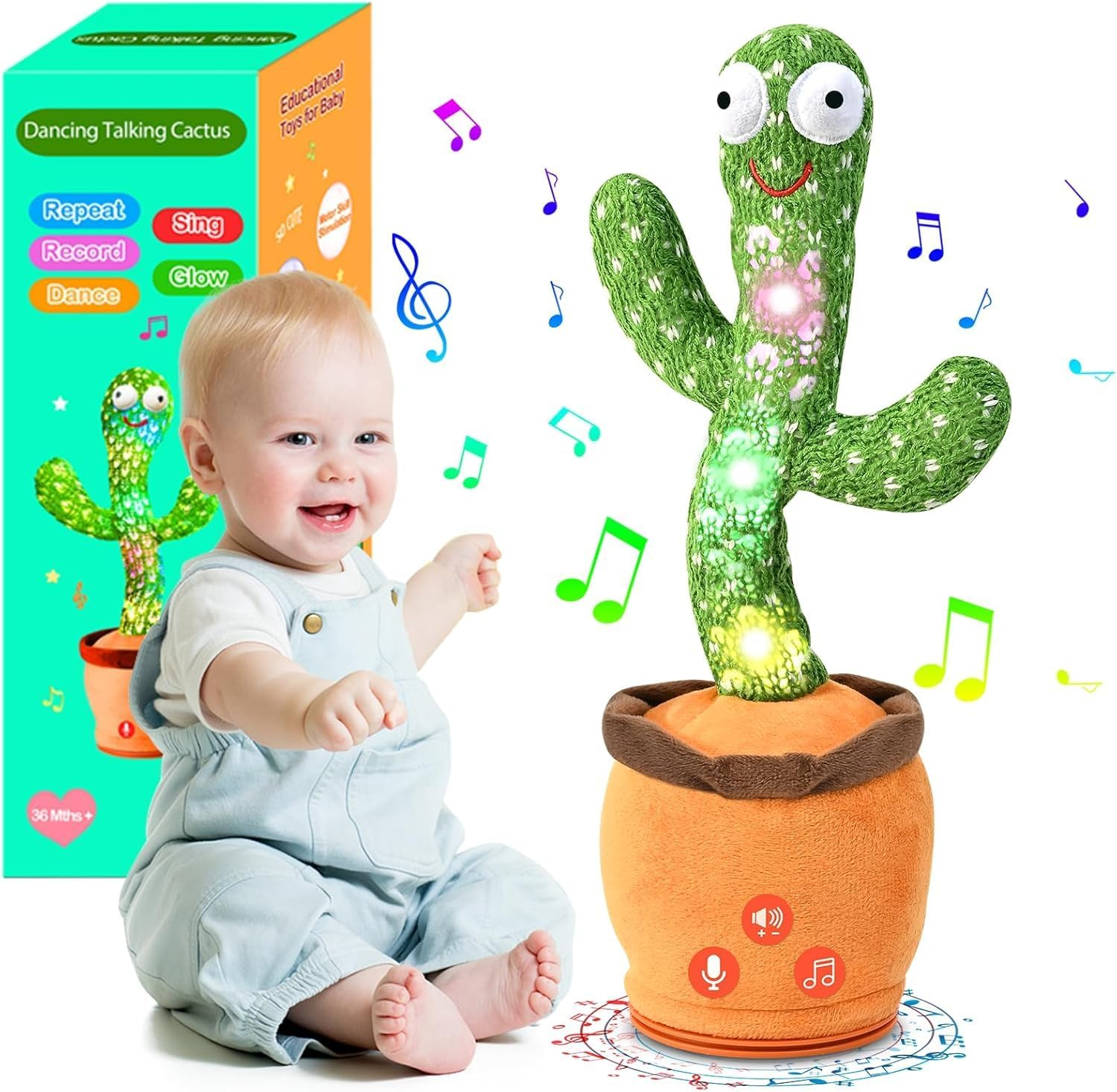 Dancing Talking Cactus Toy for Baby Toddler, Boys Girls Gifts Singing Mimicking Cactus Recording Repeating What You Say Cactus Baby with 120 English Songs Cactus That Talks Back image number 1