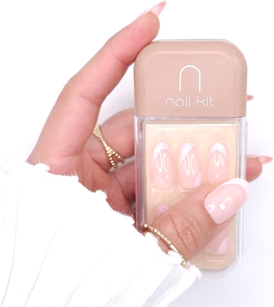 NKA FRENCH PRESS on NAILS KIT FALSE ACRYLIC FAKE NAILS -28PC DIY ALL INCLUSIVE REUSABLE MEDIUM OVAL PRESS on NAIL-FRENCH LOVE image number 2