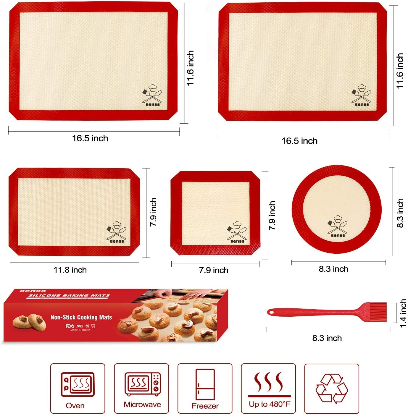 5Pcs Silicone Baking Mats, 2 Half Sheets Mats + 1 Quarter Sheet Liner + 1 round & 1 Square Cake Pan Mat - 100% Food Grade Non-Stick & Silicone Brush, for Baking Cake Cookie image number 3