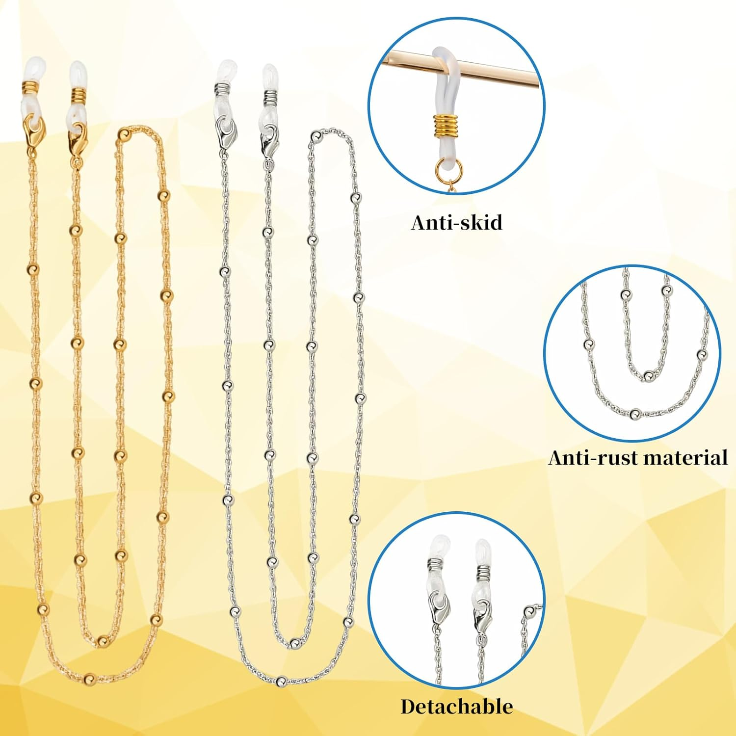 Glasses Chain, 4 Pack Glasses Strap with 2 Gold and 2 Silver Chains, Adjustable Sunglasses Strap for Women image number 1