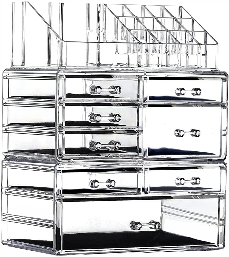 Cq Acrylic 3 Pack Clear Make up Organizer Countertop,Stackable 8 Drawers Makeup Storage,Cute Vanity Organizers for Dresser Hair Clip,Jewelry,Beauty Product Desk and Bathroom Organizers and Storage