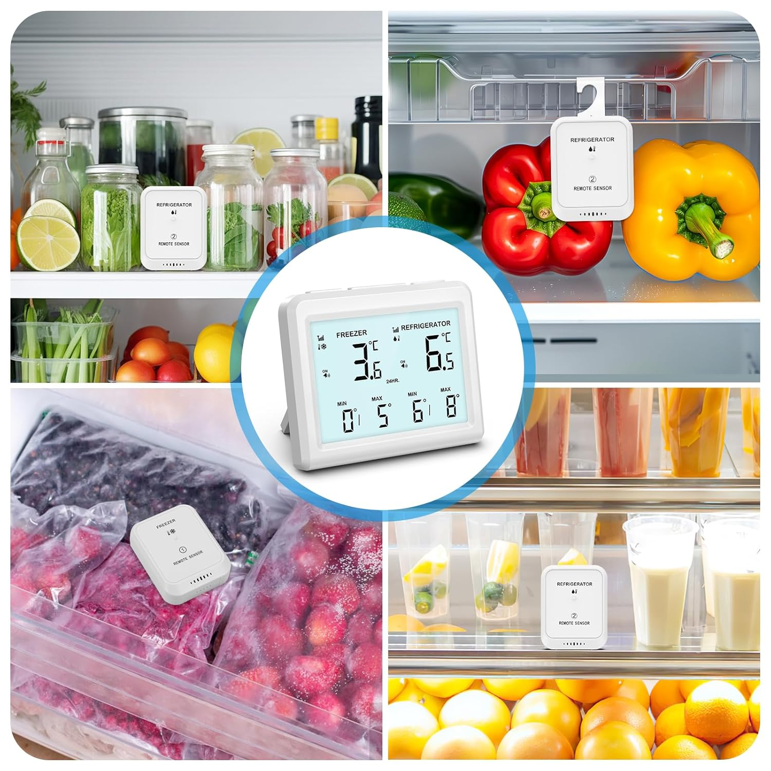 AMIR Wireless Refrigerator Thermometer, 3.7 Inch LCD Fridge and Freezer Thermometer with Alarm, Freezer Alarm with 2 Sensors, Digital Fridge Thermometer for Home and Restaurants image number 1