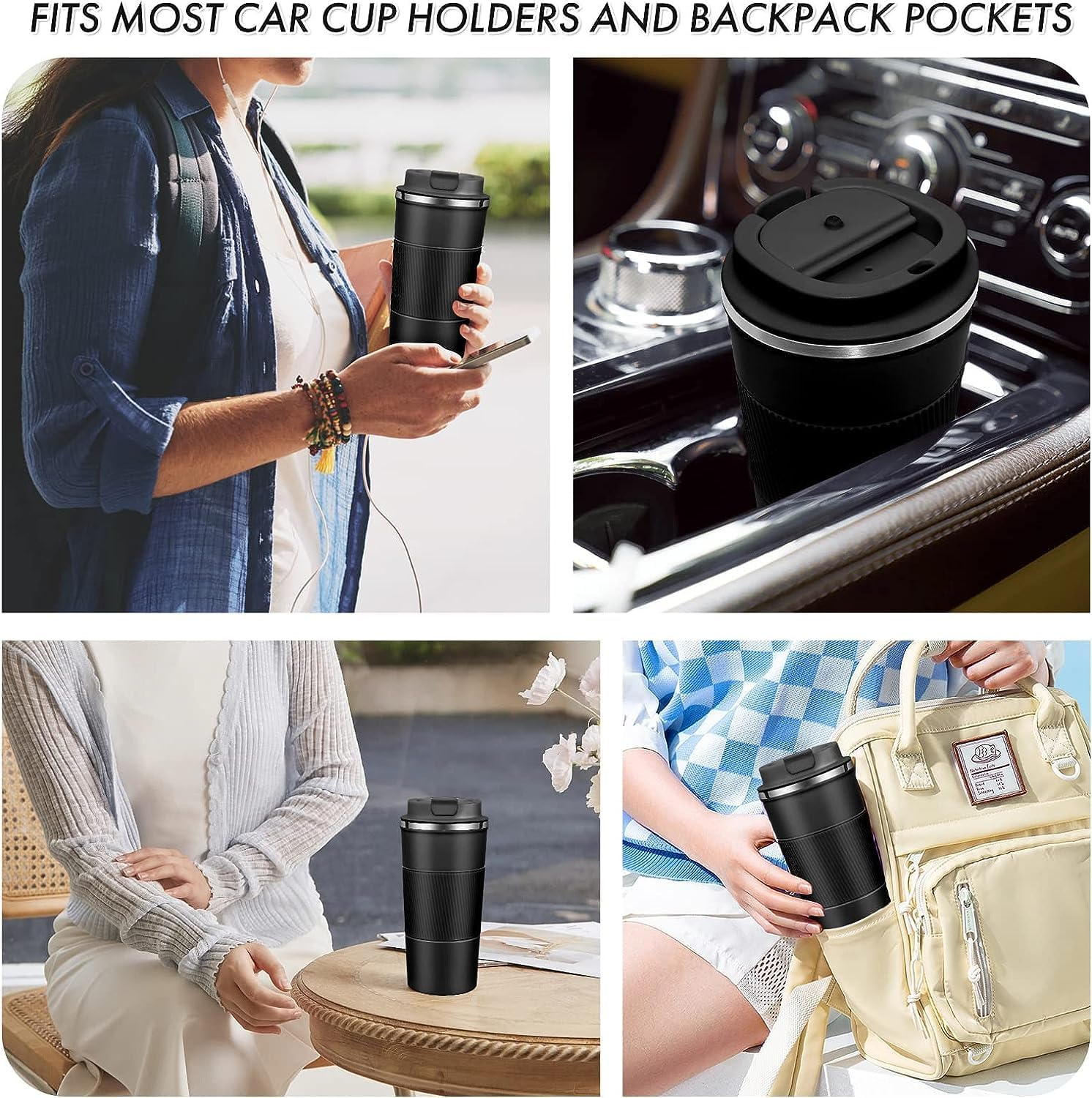 Travel Mug Reusable Coffee Cups 510Ml/17Oz Insulated Mug Thermal Tumbler to Go with Lid Leak Proof Thermal Insulated Vacuum Insulation Stainless Steel Bottle for Hot Cold Drinks (Black) - Green image number 3