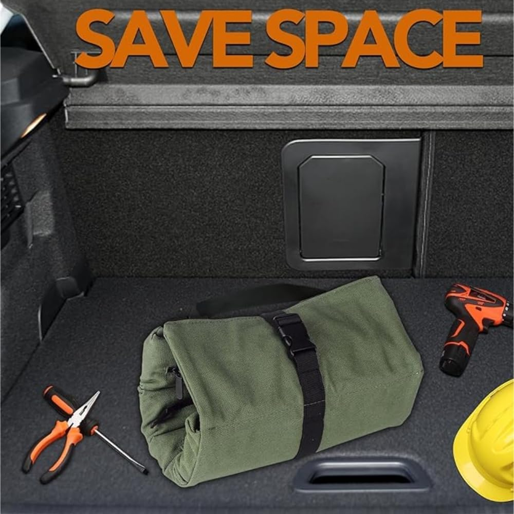 Roll up Tool Bag, 16OZ Canvas Wrench Roll up Pouch Multi-Purpose Tool Roll Organize, 5 Zippered Tool Pockets (Green) image number 2