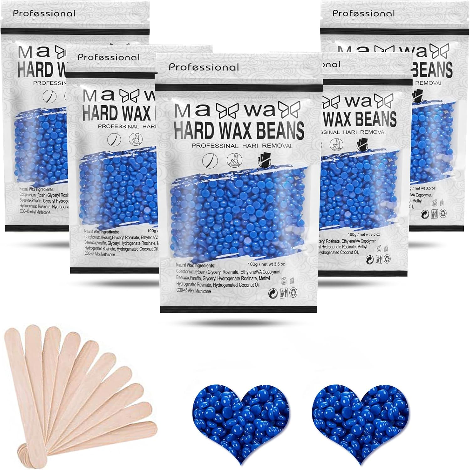 500G Hard Wax Beads for Hair Removal with 10 Sticks, Wax Beads for Sensitive Skin, Body Wax Beads for Thick Hair, Waxing Beads for Face, Eyebrows, Body, Home(100G/Pack) (5 Pack, Rose) image number 3