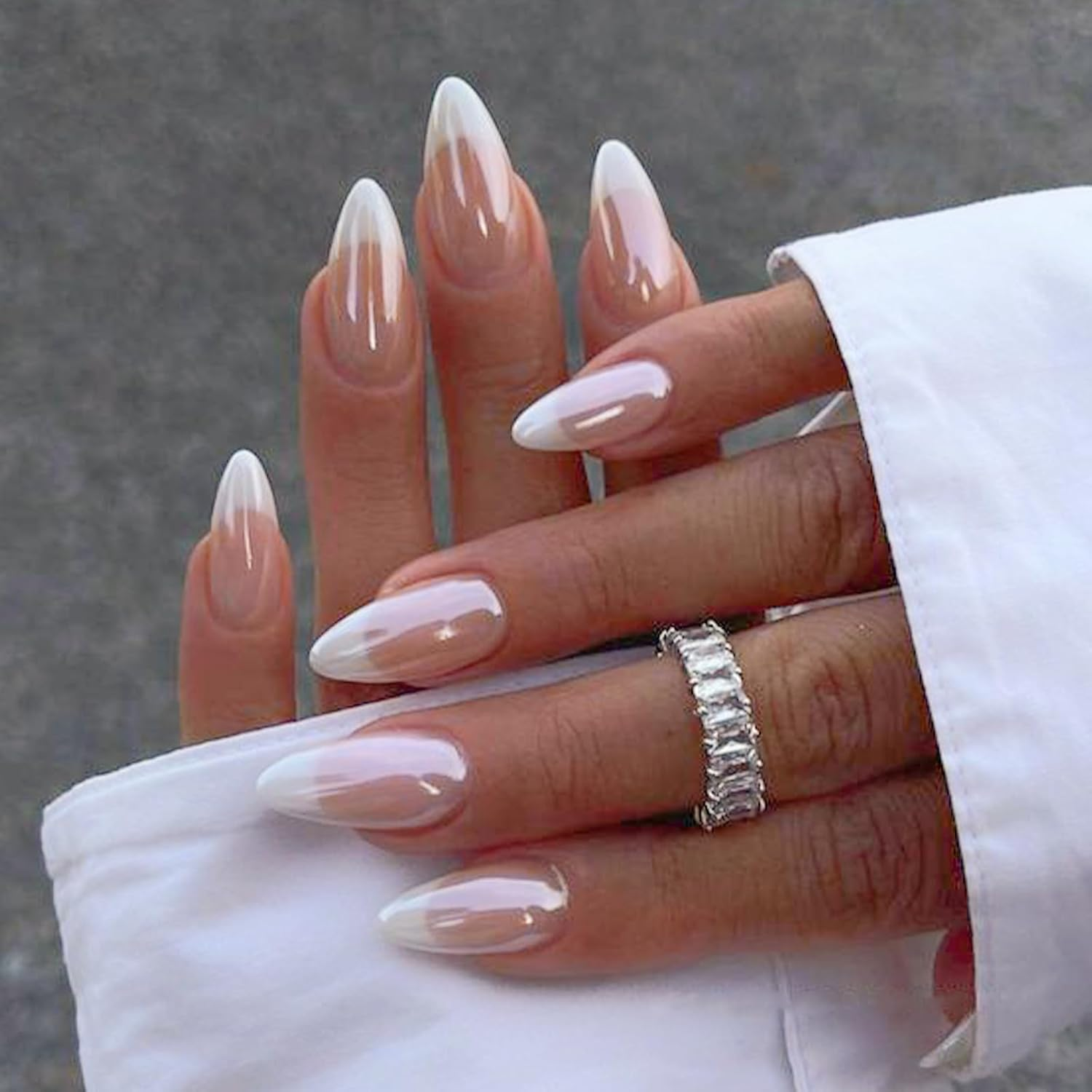 French Tip Chrome Press on Nails Almond Medium Fake Nails with Mirror Designs Glossy Glue on Acrylic Nails Nude Full Cover False Nails for Women image number 5