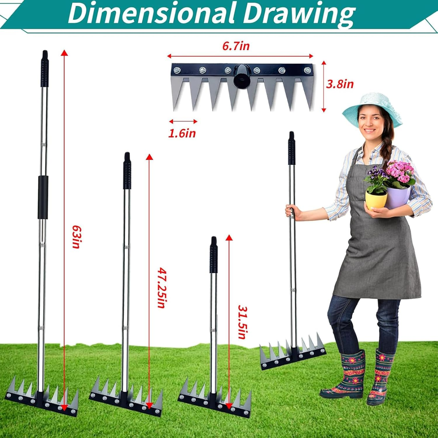 Iron Weeding Rake with Long Handle,Heavy Duty Weed Rake Tool for Garden Removing Weeds, Loosening Soil, Cleaning Flower Beds, Pine Needles & Lawn Prep image number 6