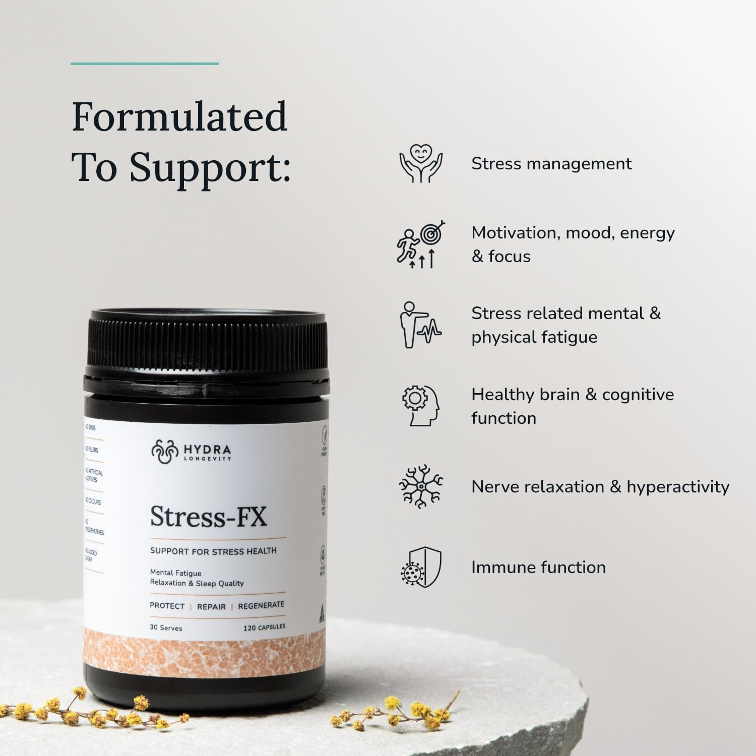 Stress-Fx Stress Support & Mood Support Supplement, Stress Relief Formula with Adaptogens, Ashwagandha, L-Theanine, Vegan, Gluten-Free, 120 Capsules (30 Servings) image number 6
