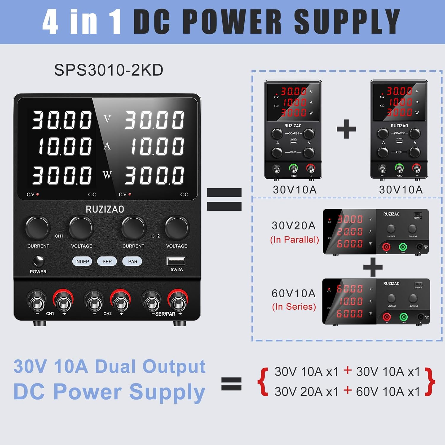 RUZIZAO Dual DC Power Supply 30V 10A, 600W Max Power Voltage Current Power Displays Series/Parallel Conversion 30V 20A/60V 10A Encoder Adjustment High Power Regulated Bench Power Supply(Ac 220V)