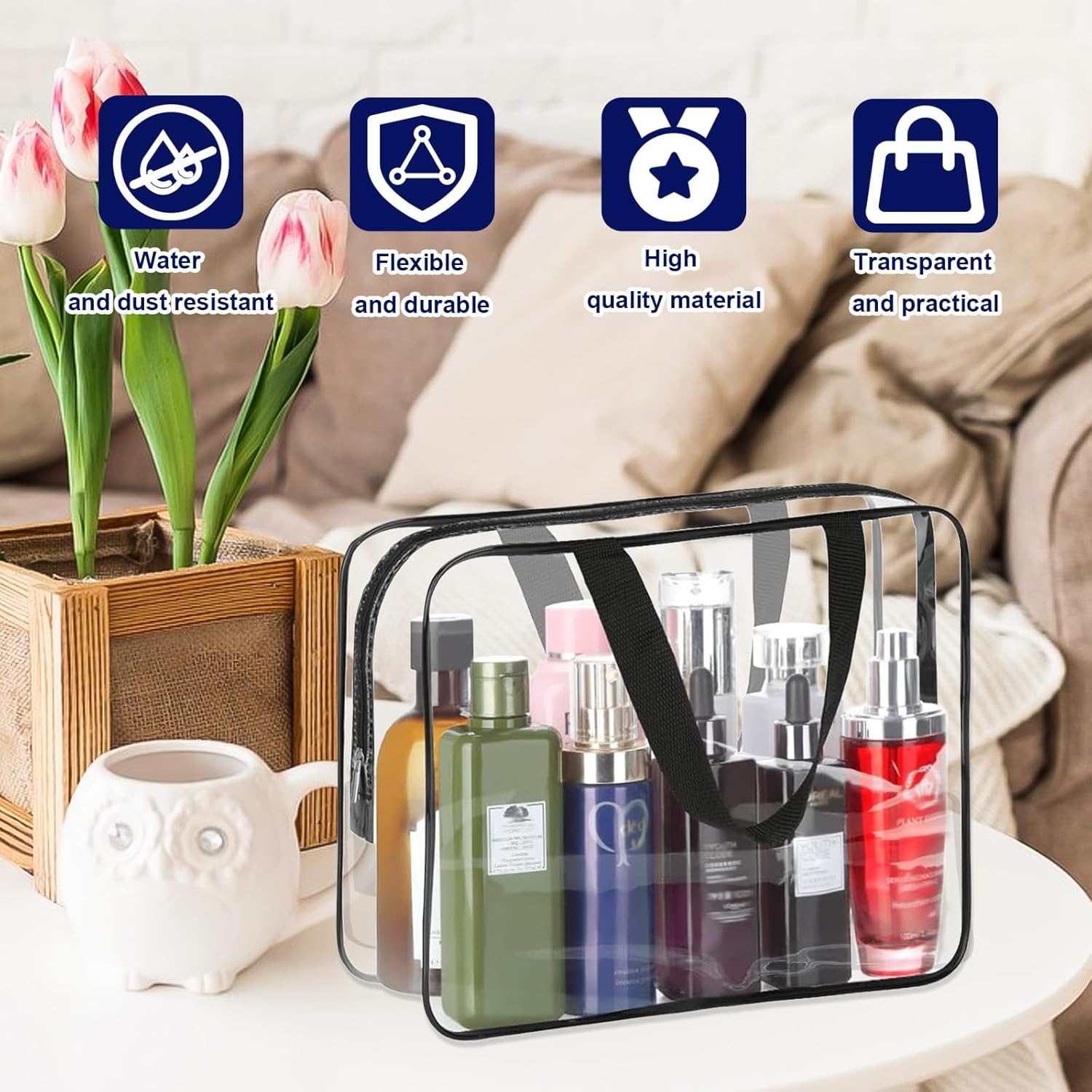 2 Pack Clear Toiletry Bags, Clear Plastic Tote Bags with Zippers, Clear Cosmetic Makeup Bags for Travel, Beach Vacation, and Bathroom (Black)