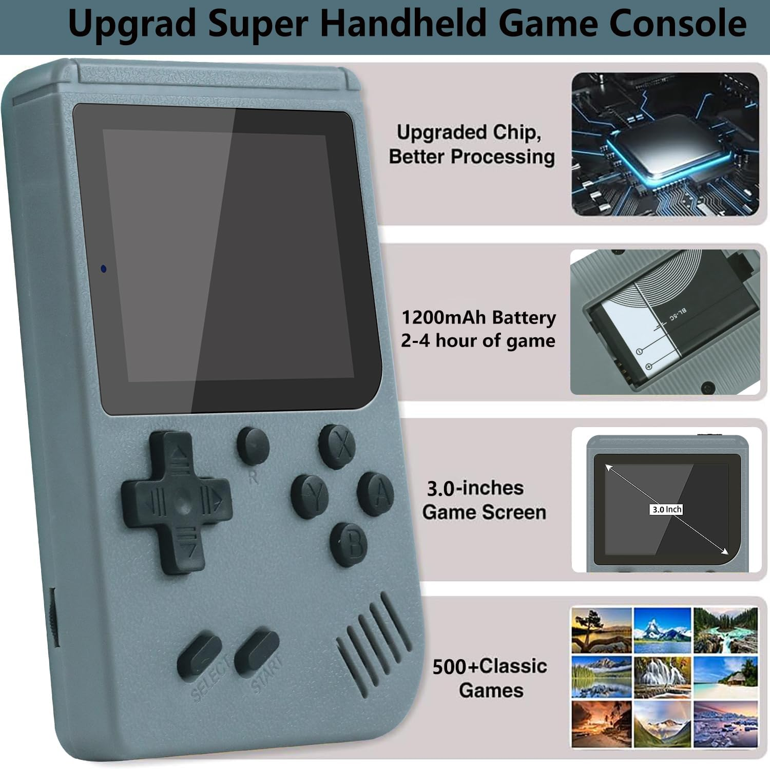 Retro Handheld Game Console with 500 Classical FC Games - 3.0 Inch Screen, 1200Mah Rechargeable Battery Support for Connecting TV and Two People to Play Together Grey01 image number 1
