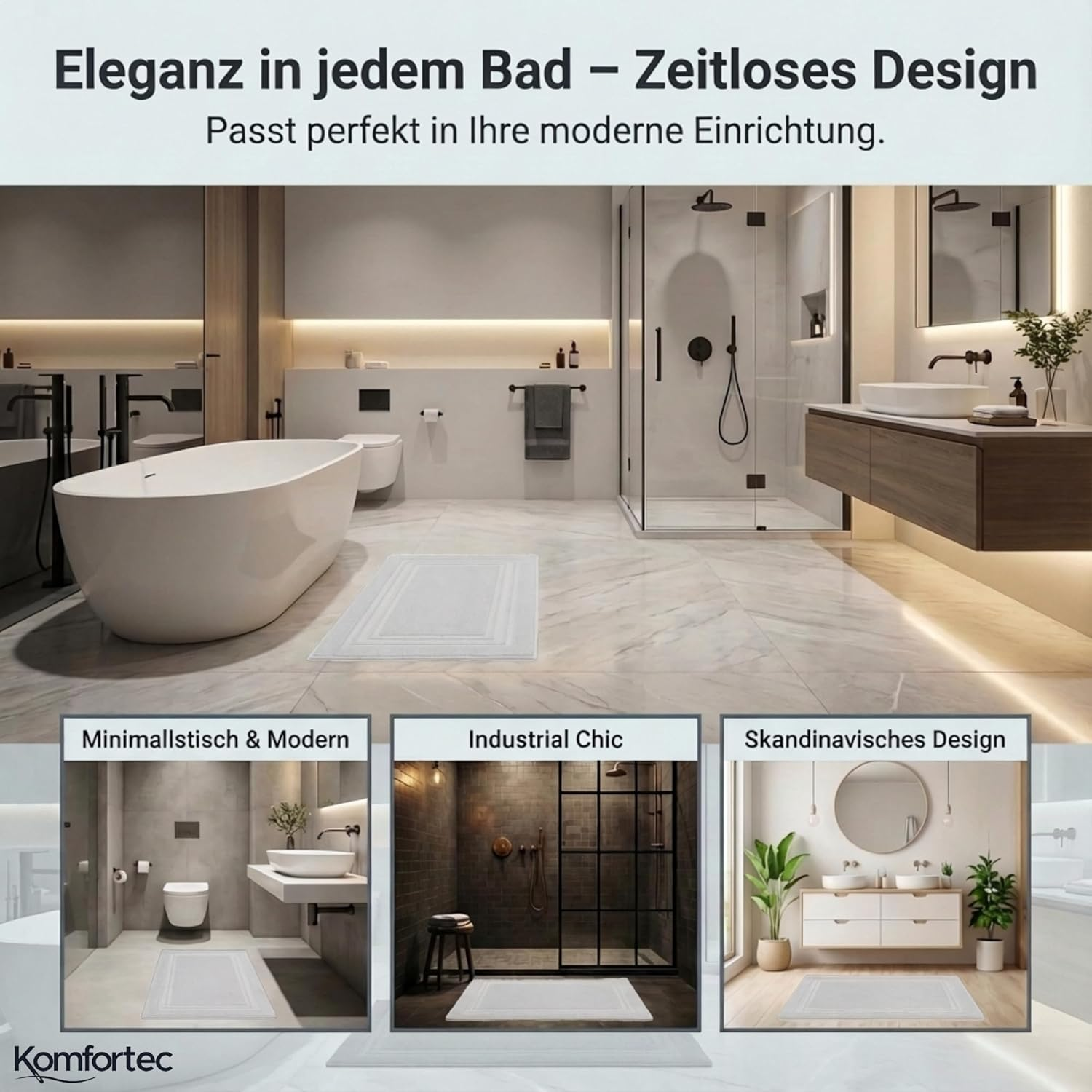 Komfortec Bath Mat Set, 2 Pieces, Terry Cloth Shower Mat, Washable Shower Mat & Bath Mat, 600 G/M&sup2; & 100% Cotton, Absorbent & Quick Drying, 50 X 70 Cm, White image number 2