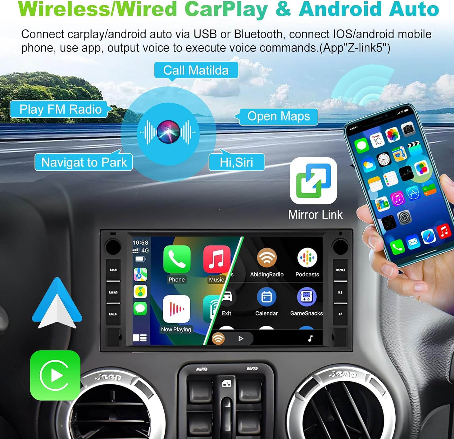 Podofo 2+64G Car Stereo for Jeep Wrangler Dodge Chevrolet RAM 1500 Android Radio with Wireless Apple Carplay, 7" Touchscreen Stereo with Wifi, GPS, RDS/FM Radio, Bluetooth + Backup Camera & Mic image number 2