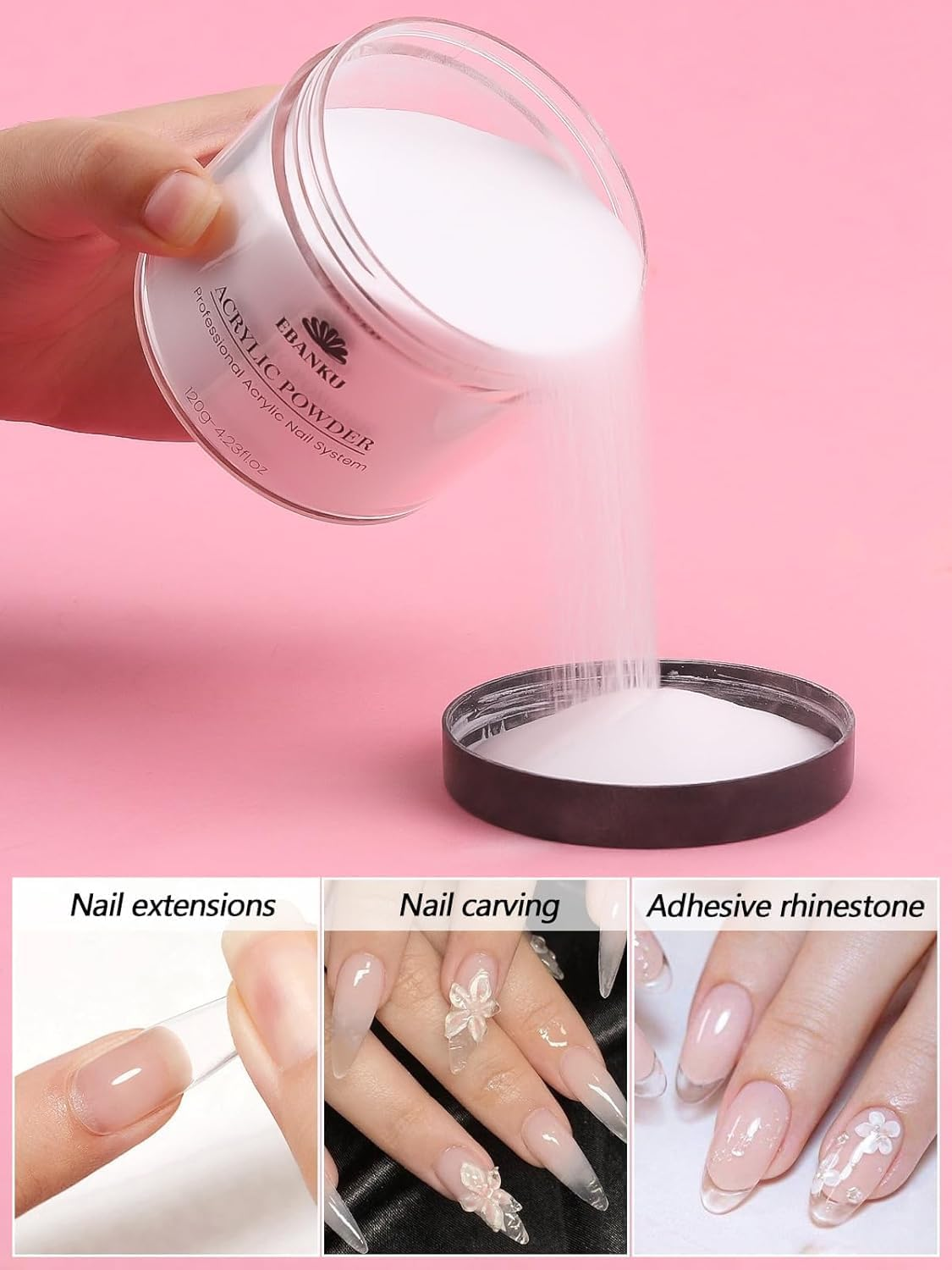 Kalolary Clear Acrylic Powder, 120G/4.23Oz Acrylic Powder Large Capacity Professional Acrylic Nail Powder for Nail Acrylic Extension, Nail Carving, Long-Lasting, No Nail Lamp Needed