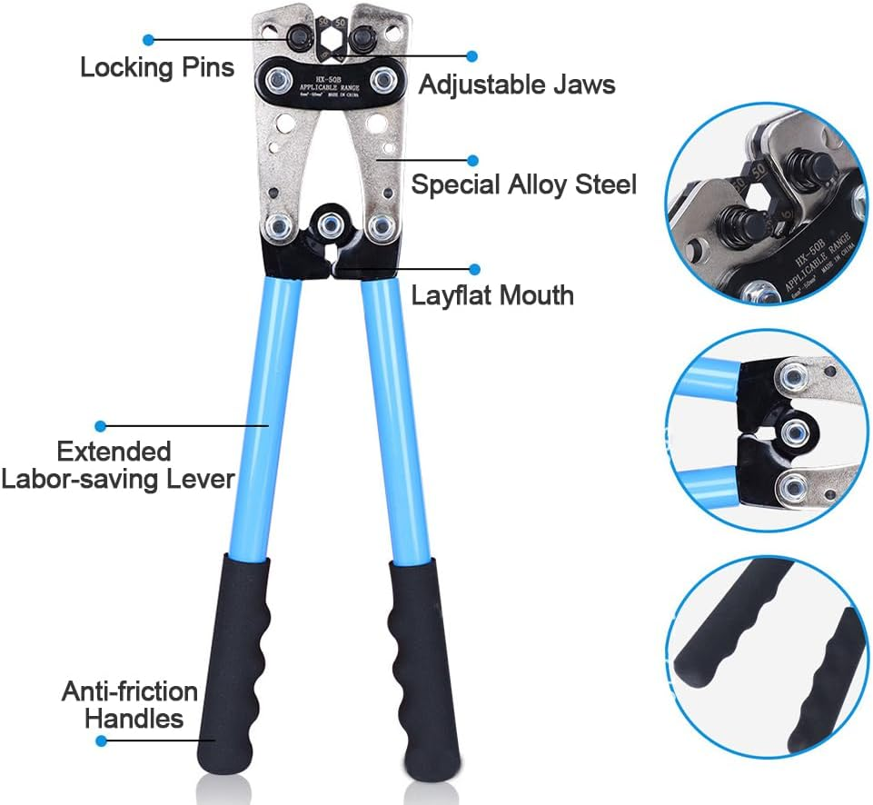 Battery Cable Crimping Tool 10-1 AWG with 8 Sizes 50Pcs Copper Ring Terminals Battery Terminal Crimper Set for Heavy Duty Wire Lugs, Battery Cable Lug Crimping Tool image number 1