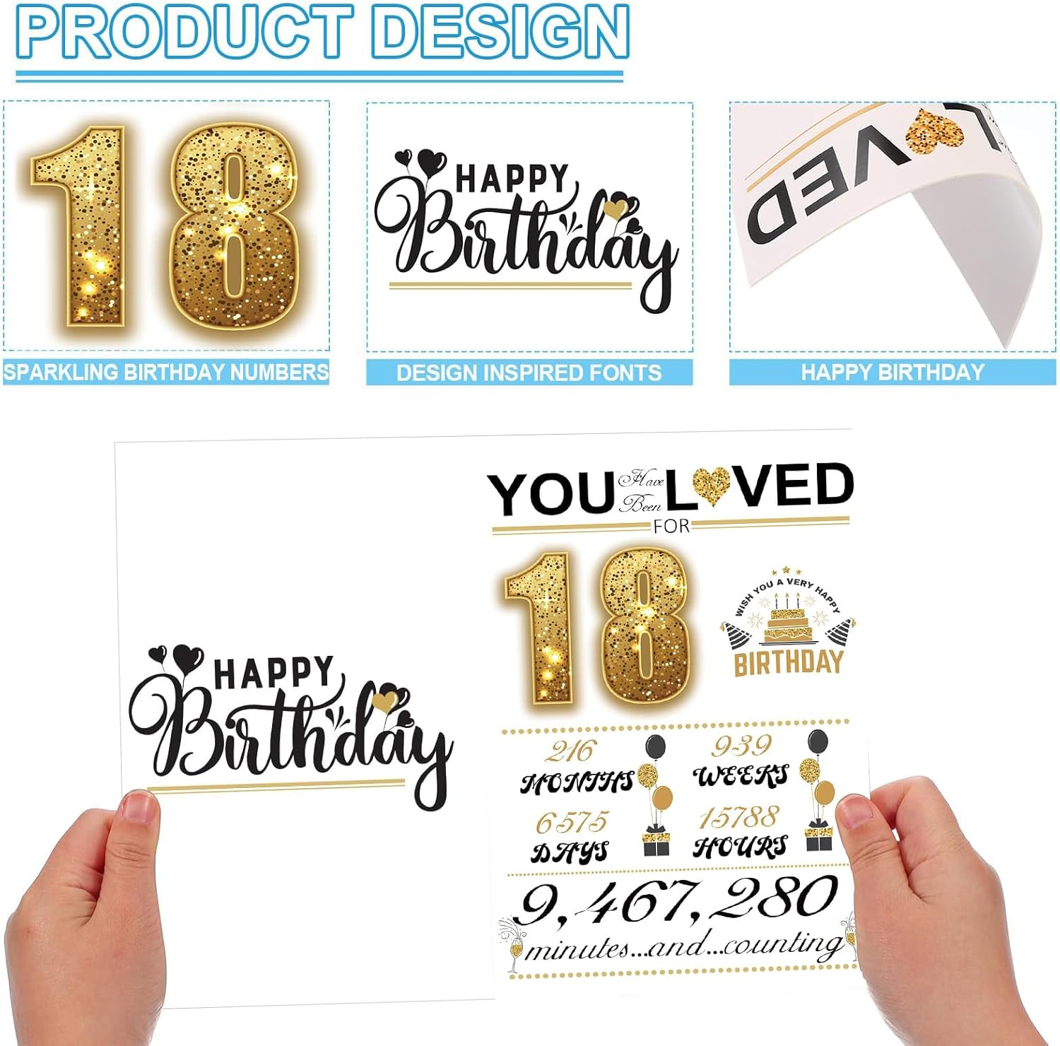 AIQIUQIU 18Th Birthday Card for Boys Girls, Funny Greeting Card with Several Important Time (Years/Months/Weeks/Days/Hours/Minutes), Party Decor Supply Ideas Birthday Card for Him or Her, Gold image number 3