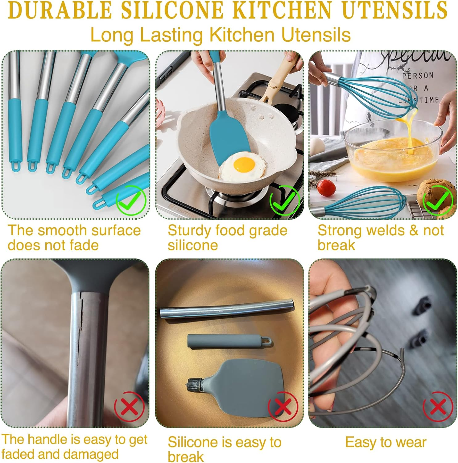 15 Pcs Silicone Cooking Utensils Kitchen Utensil Set - Umite Chef 446&deg;F Heat Resistant Stainless Steel Handles Kitchen Gadgets Tools Set for Nonstick Cookware(Blue) image number 3