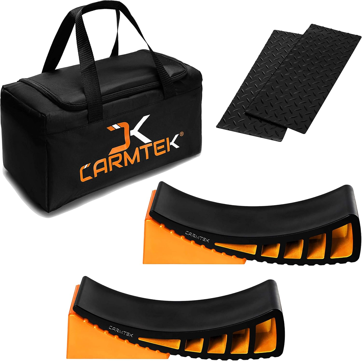 CARMTEK Camper Leveler 2-Pack Kit | Curved RV Levelers with Trailer Wheel Chocks for Dual Axle Trailers | Faster RV Leveling System than RV Leveling Blocks | RV Accessories for Travel Trailers