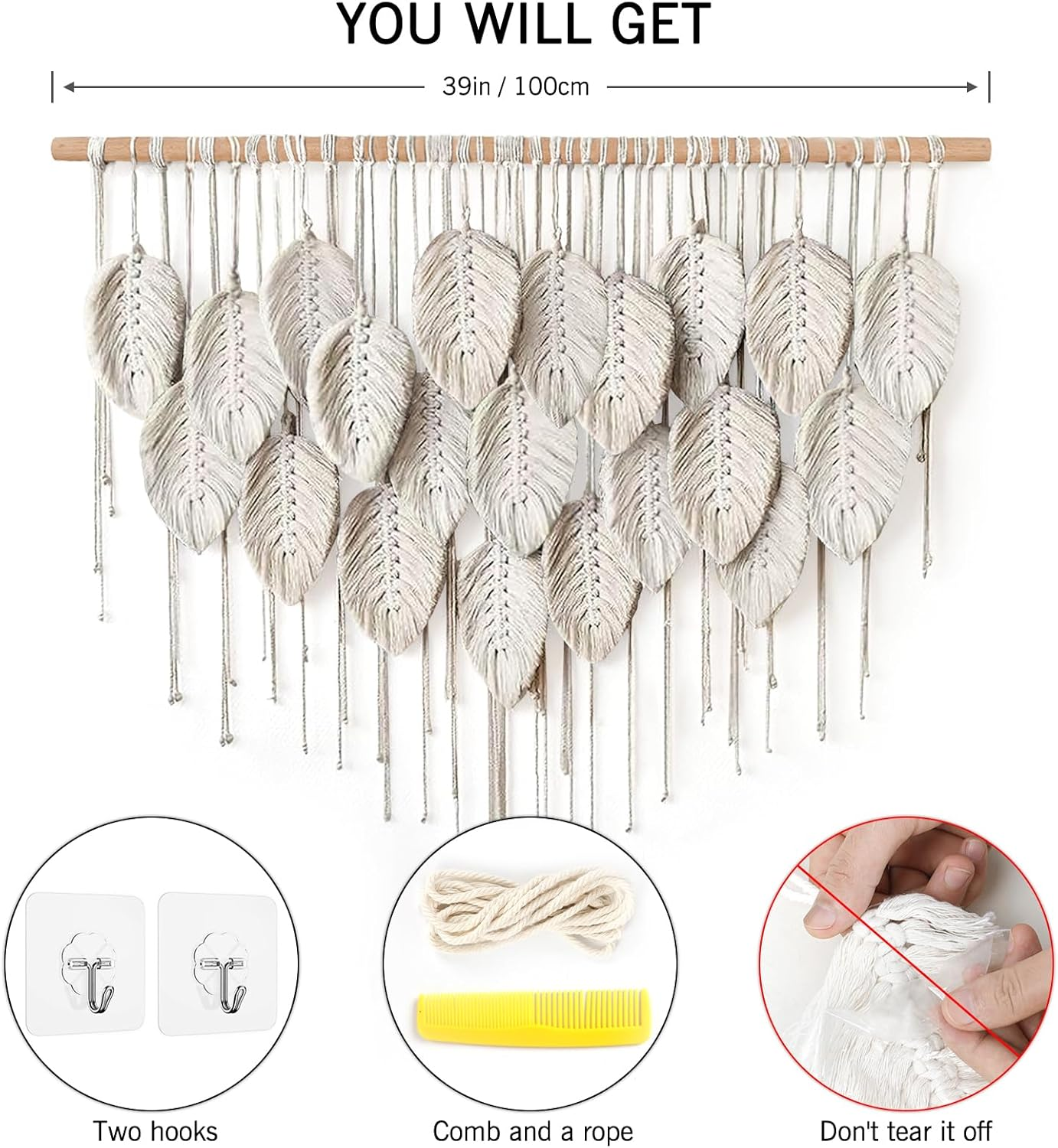 LOMOHOO Macrame Wall Hanging Boho Beige Leaves Tapestry Bohemian Handmade Woven Wall Art Decoration for Bedroom Living Room Apartment Dorm Gallery Perfect Handmade Gift Ideas