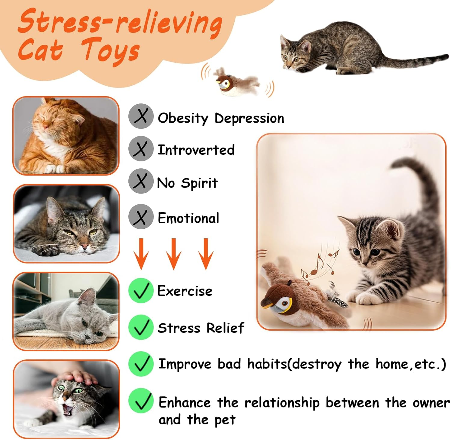 Bestek Flappy Bird Cat Toy(No Flying),Simulated Flapping Wings&Chirping Flying Bird Cat Toy,Rechargeable,Interactive Catnip Toys for Indoor Oudoor,Kittens and Small Dog image number 4