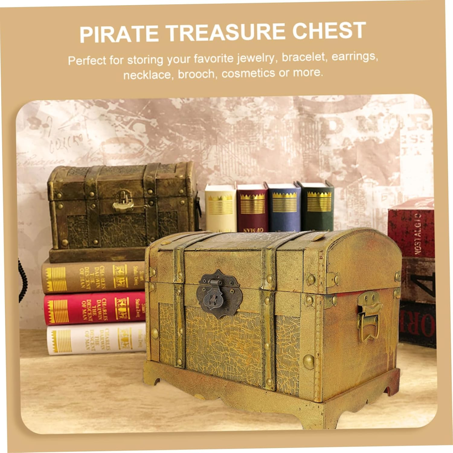 Vintage Pirate Treasure Chest Large Storage Box Lock Distressed Wooden Treasure Box for Jewelry and Decorative Display image number 5