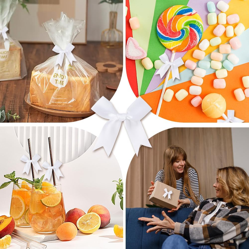 Geli Satin Ribbon Bows, Satin Bows for Gift Wrapping Tied Ribbon Bow, Bakery Candy Bags and Package Decorating Ribbon Bow for Weddings,Birthdays,Christmas,Craft,Gift Packaging (White) - Gold image number 3