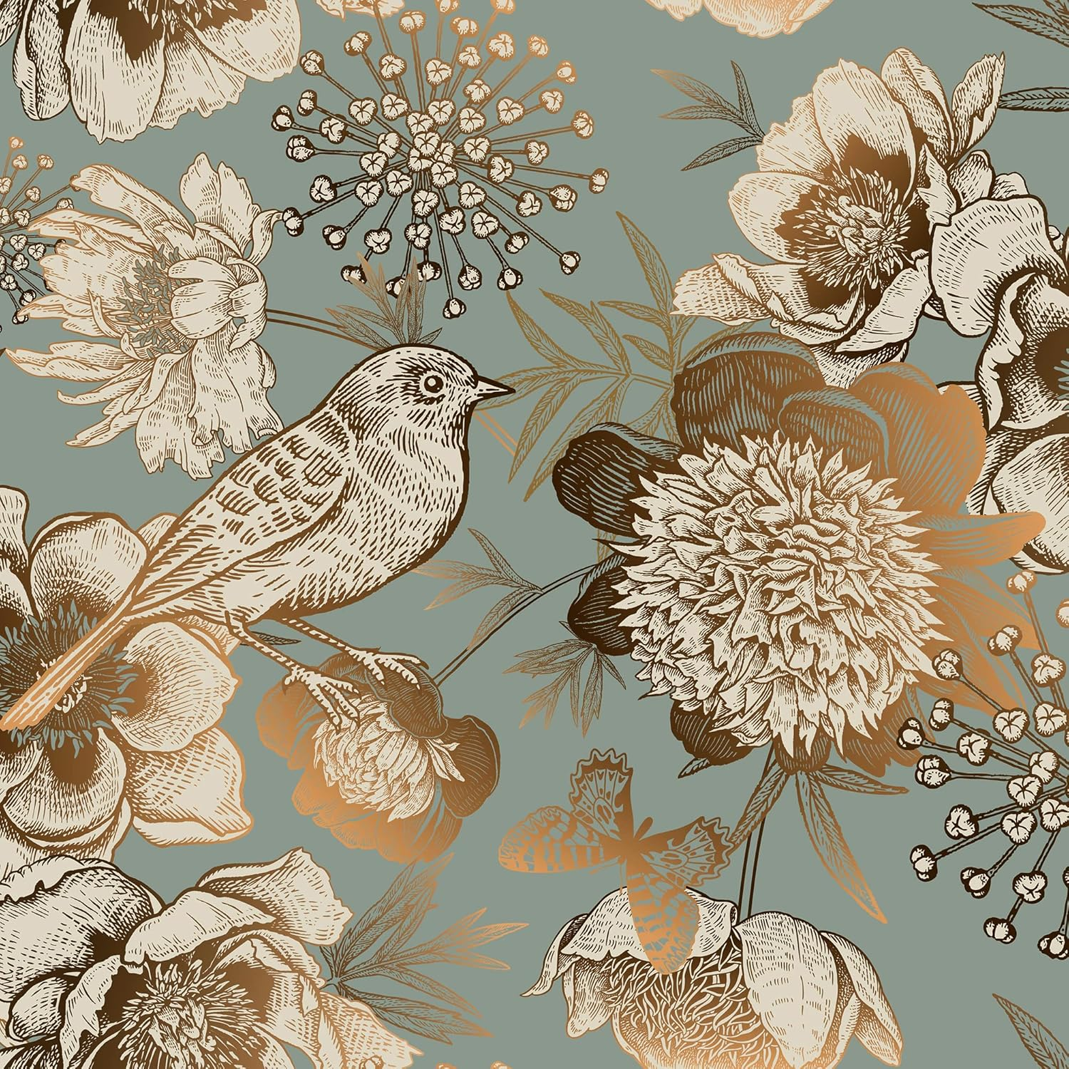 Rewallpaper Vintage Gold Floral Wallpaper Garden Bird Flower Peel and Stick Wallpaper for Bedroom Accent Wall 17.5In X 10Ft Dark Cyan Teal Contact Paper for Cabinets Peel & Stick Vinyl Wall Paper