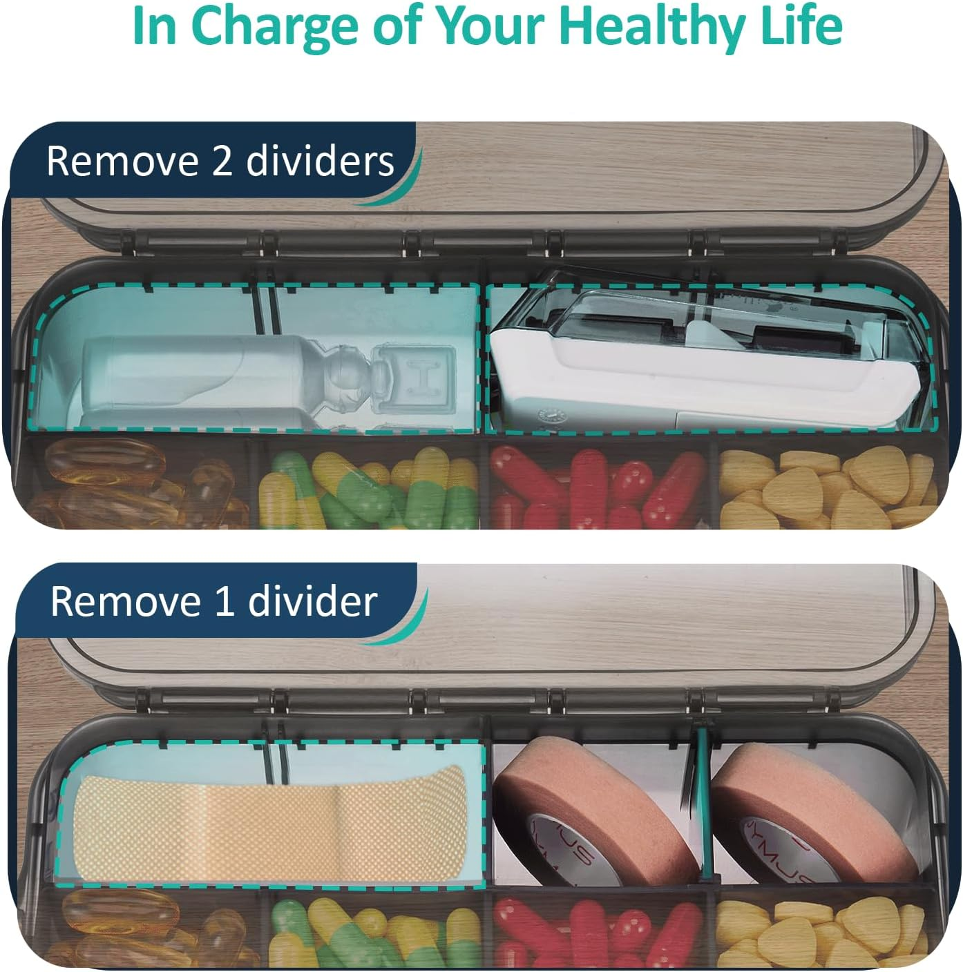 Fullicon Daily Travel Moisture Proof Pill Case with 12 Extra Large Compartment, Pill Organizer with 3 Secured Buckles, Large Supplement Box for Vitamin with Removable Dividers (Black) image number 1