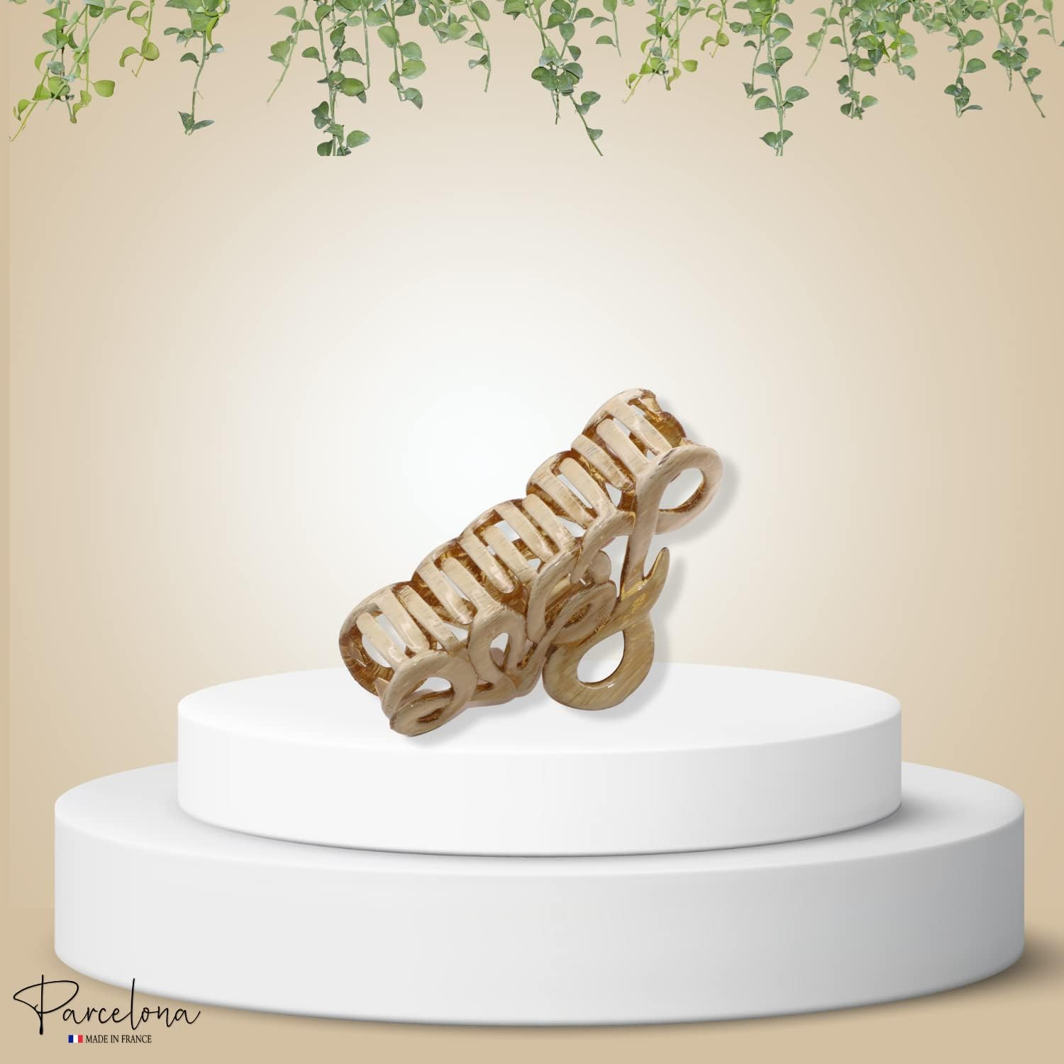 Parcelona French Love Medium 3" Celluloid Acetate Claw Clips Covered Spring Durable Fashion Hair Styling Clips Women Hair Accessories Girls Hair Clips, Made in France (Dusty Beige Brown)