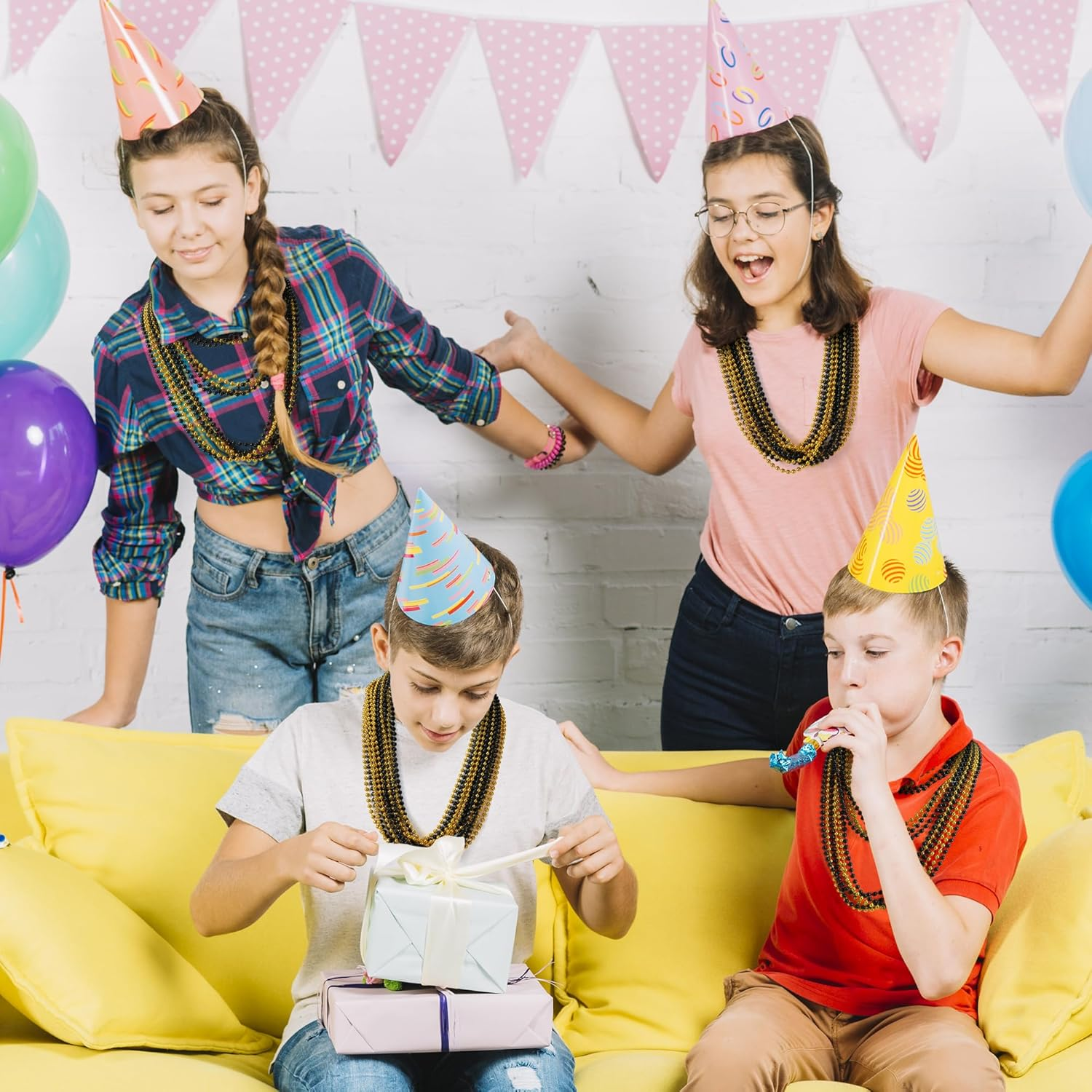 YAXINRUI 16 PCS New Year Necklaces, Gold Black Bead Party Favors, 33 Inch 7 Mm Beaded Necklaces for 2025 Years Eve Christmas Halloween Festive Events image number 2