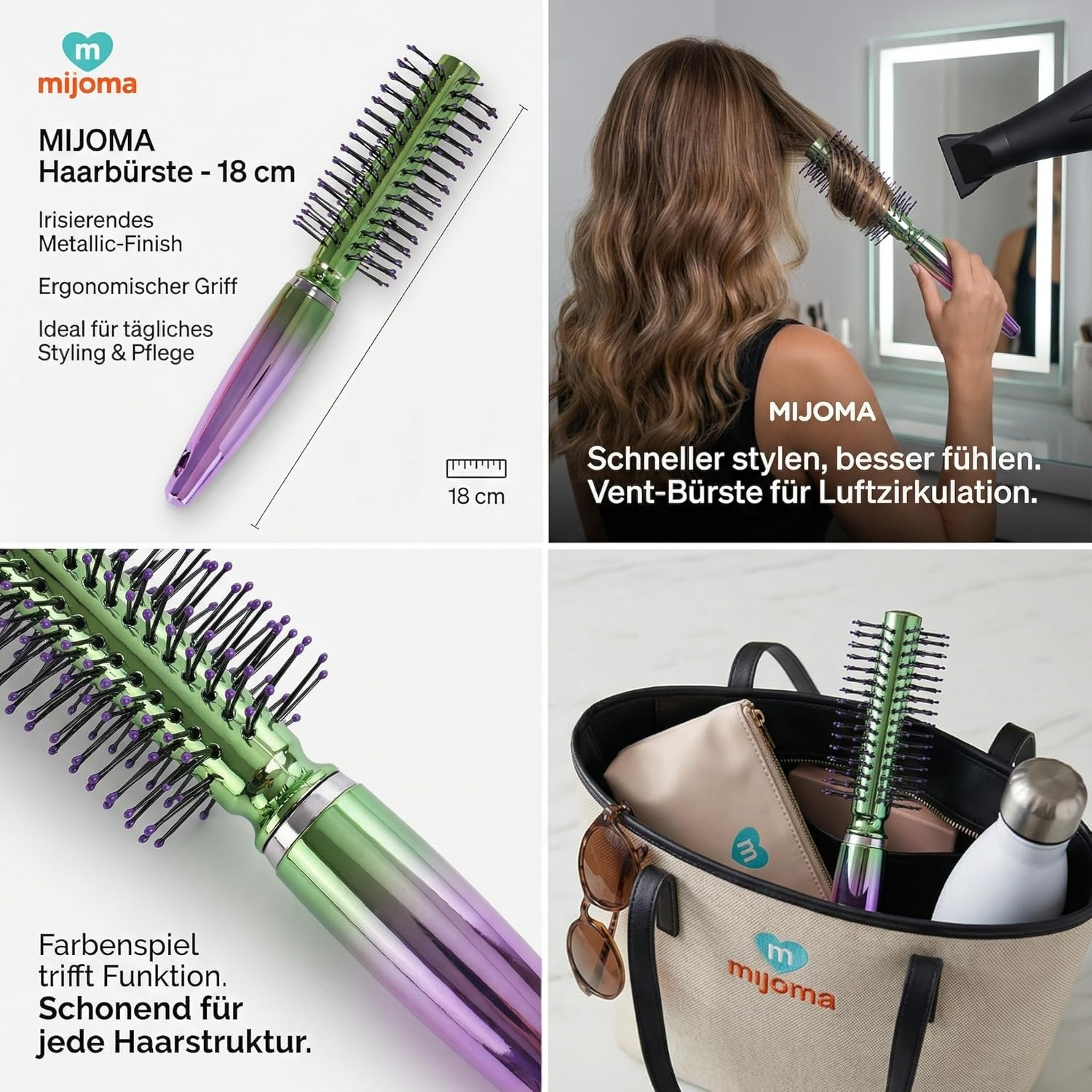 MIJOMA Nylon Bristle Hair Brush - Iridescent Metallic Finish - Ergonomic Handle - Ideal for Daily Styling & Grooming (Round Brush - 18Cm) image number 2