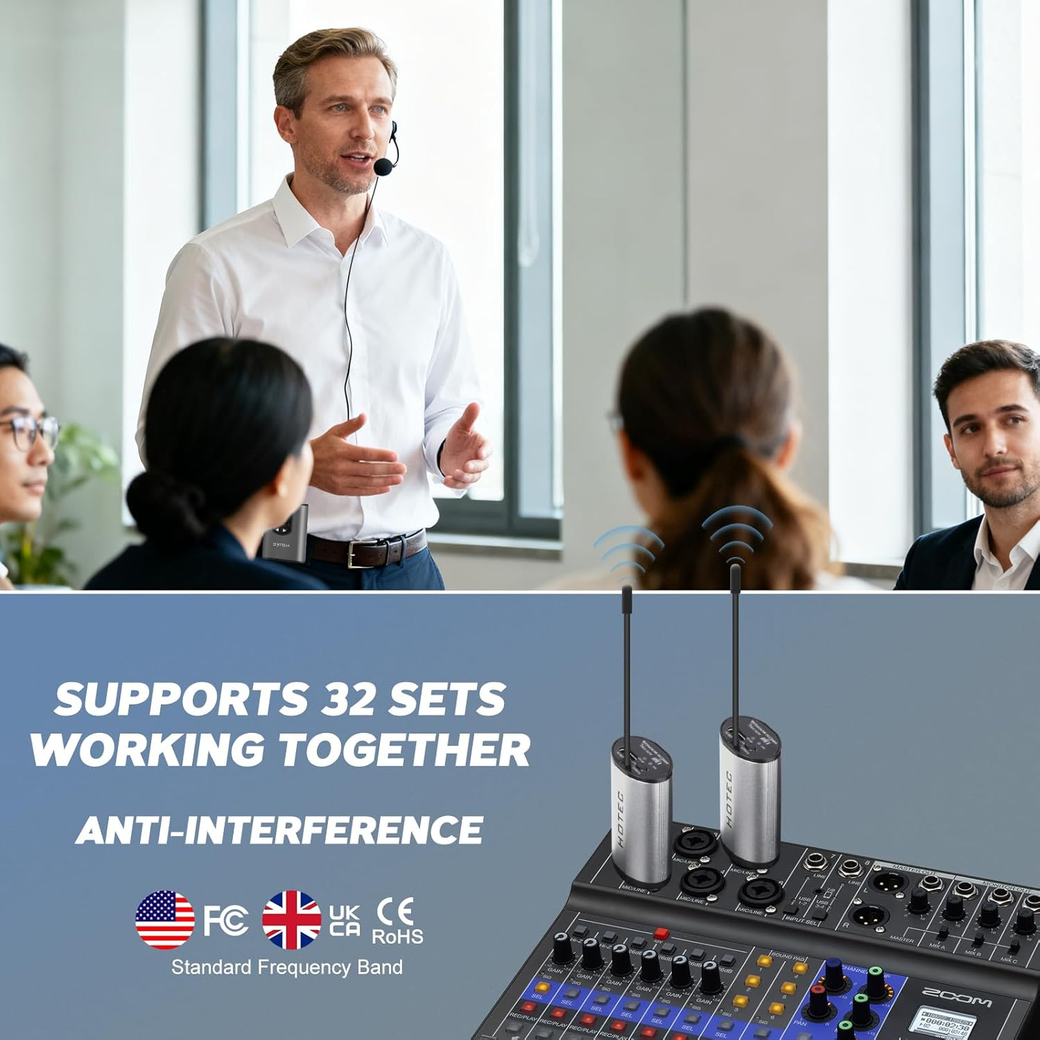 Hotec Wireless System with Dual Headset Microphones/Lavalier Lapel Mics and Bodypack Transmitters and One Mini Rechargeable Receiver 1/4" Output, for Live Performances image number 6