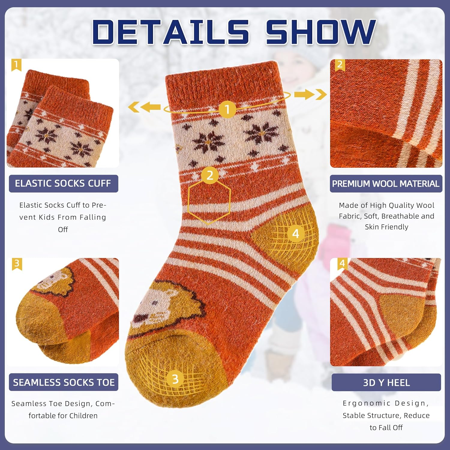 Eocom 6 Pairs Children'S Winter Warm Wool Socks Kids Boys Girls Socks image number 5