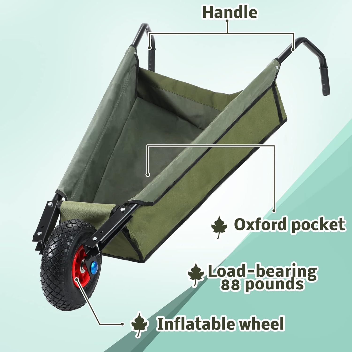 BBTO Folding Wheelbarrow Collapsible Foldable Yard Cart 88Lbs Lightweight Gardening Cart Heavy Duty Oxford Cloth Lawn Cart for Adult, Grass, Soil, Brick, Leaf, Garden Supplies, 10" Pneumatic Tire image number 1