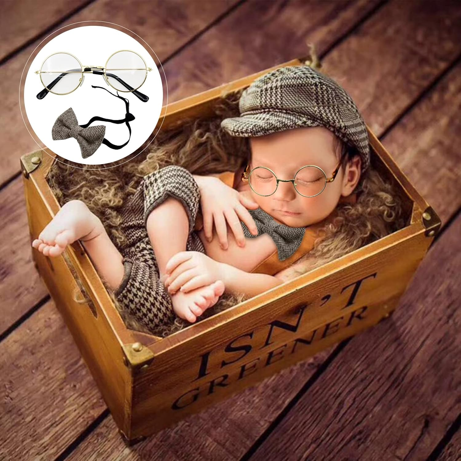 SPOKKI 4 Pcs Newborn Baby Photo Props, Lattice Rompers Suspender Pants with Beret Glasses Bow Tie for Infant Boys' Costumes, Newborn Boy Photography Outfit Set, Checked Fabric Gentleman Suit (Brown) image number 1