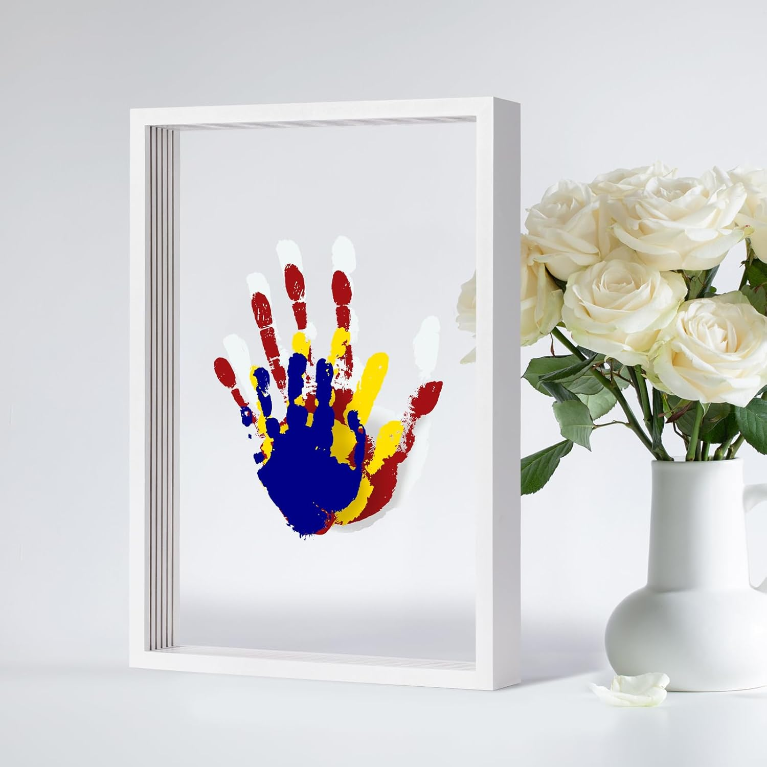 Clear Family Handprint Kit - Gifts for New Parents, Family Gifts - DIY Handmade Keepsake Wooden Frame - 5 Non -Toxic Paint Included - Transparent Sheets (White) image number 1
