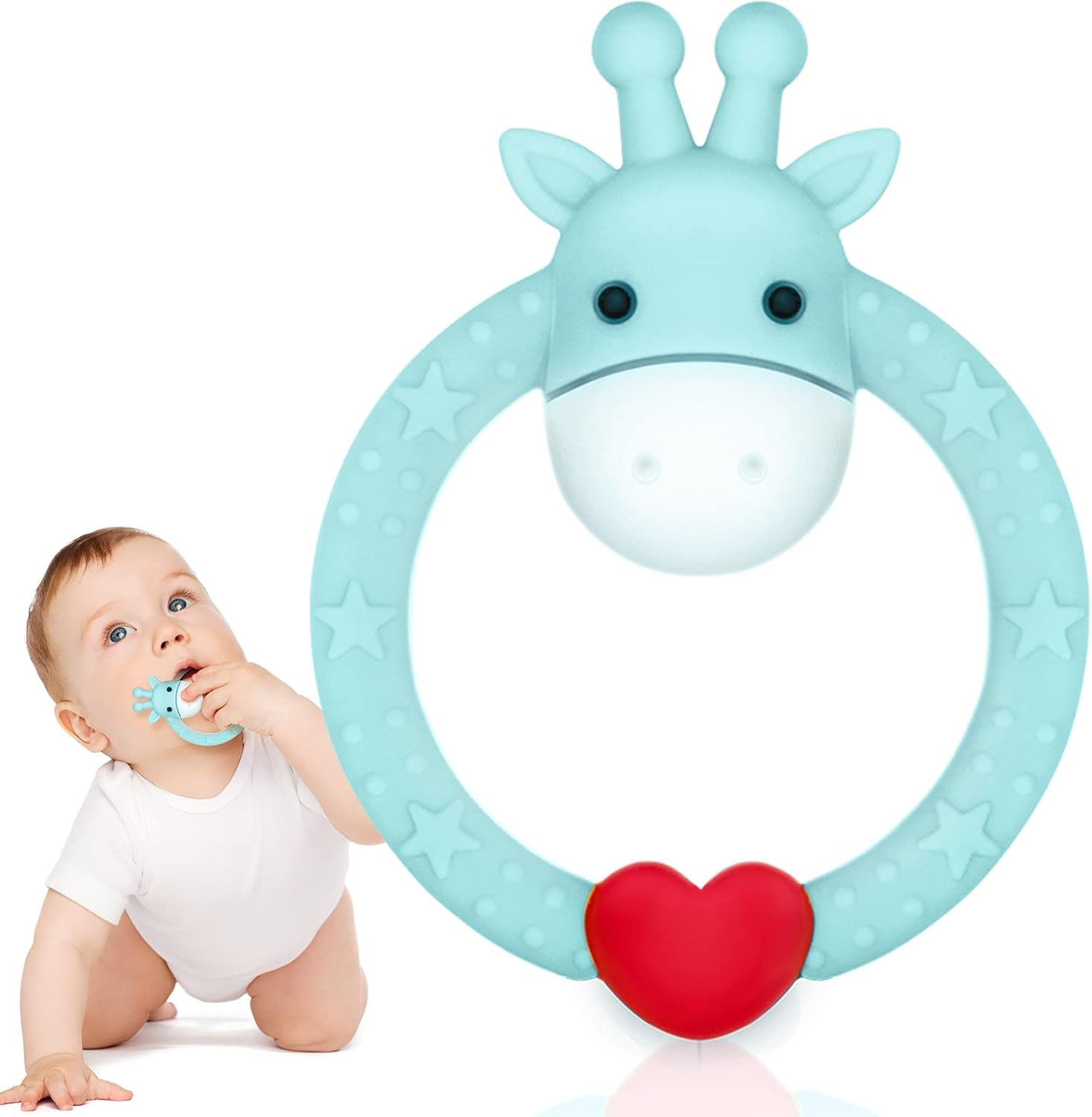 SHARE&CARE BPA Free 2 Silicone Giraffe Baby Teether Toy with Storage Case, for 3 Months above Infant Sore Gums Pain Relief, Set of 2 Different Teething Toys (Blue) - Blue image number 5